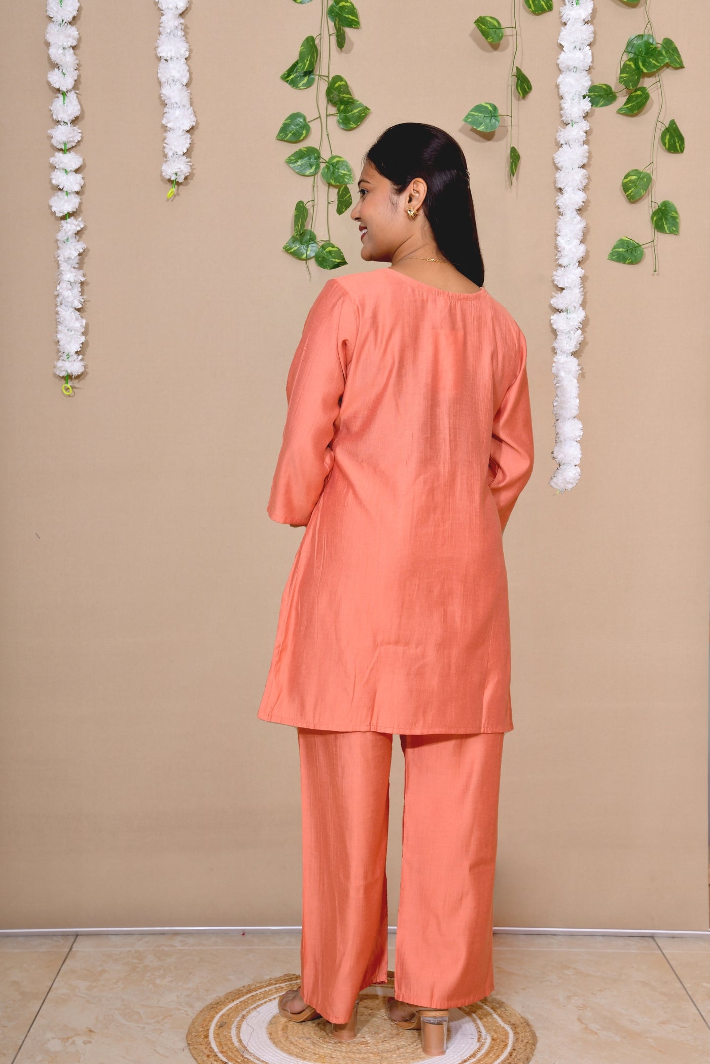 Coral Rust Cotton Co-ord Set with White Floral Appliqué Detailing