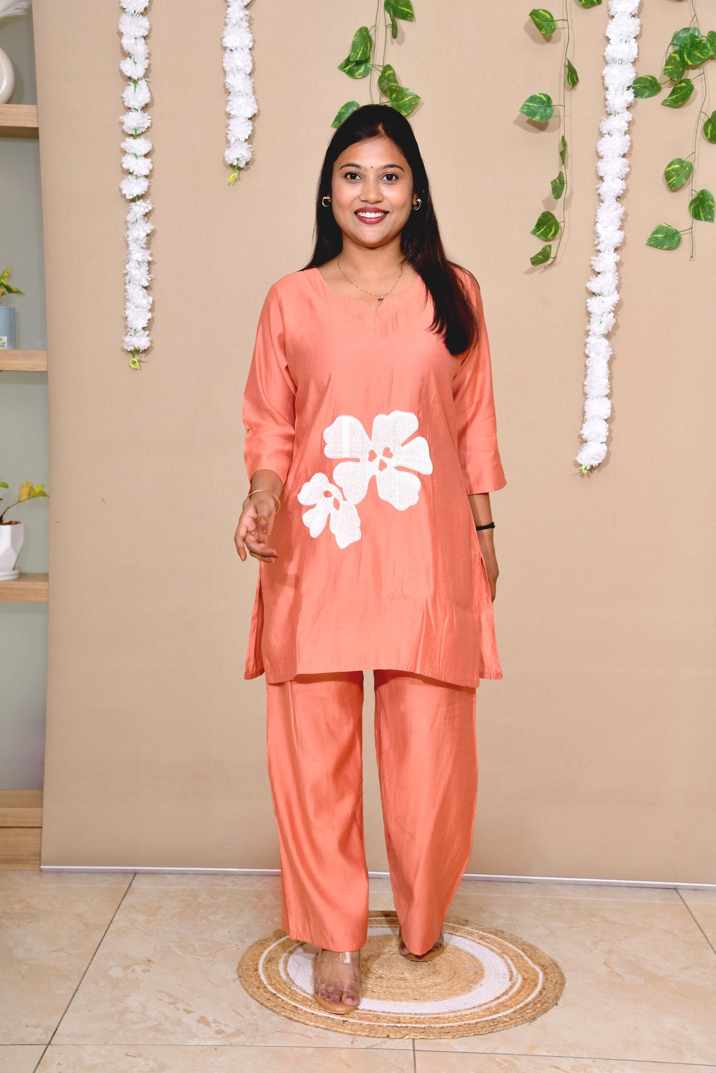 Coral Rust Cotton Co-ord Set with White Floral Appliqué Detailing