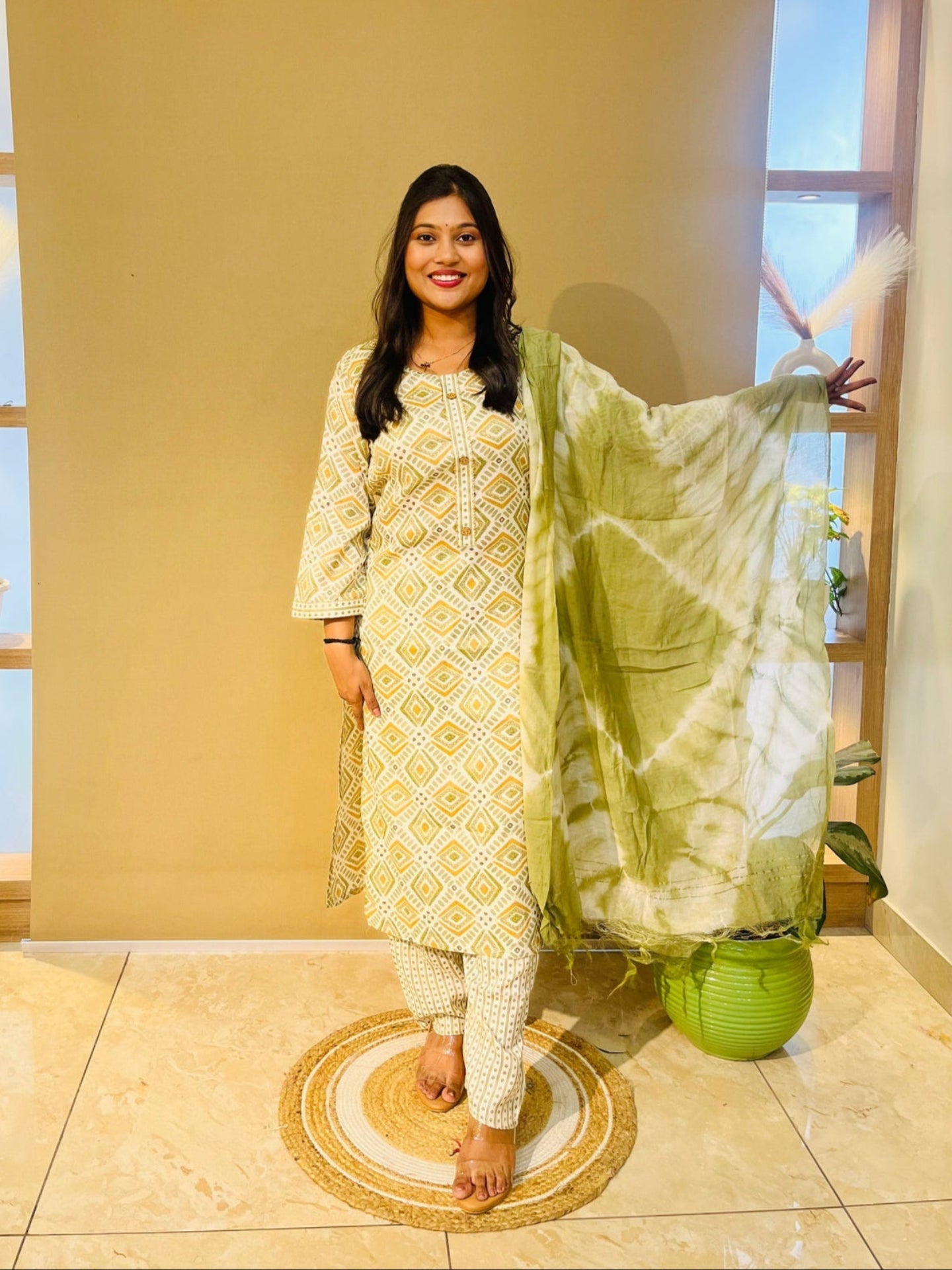 Light Green Geometric Printed Everyday Suit Set with Tie-Dye Dupatta
