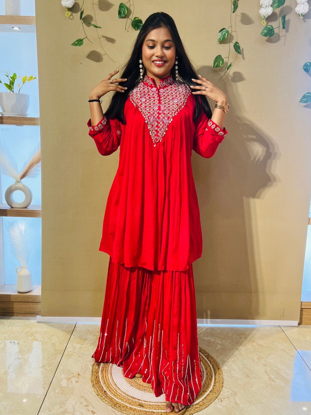 Royal Ruby Pearl-bread Sharara Set