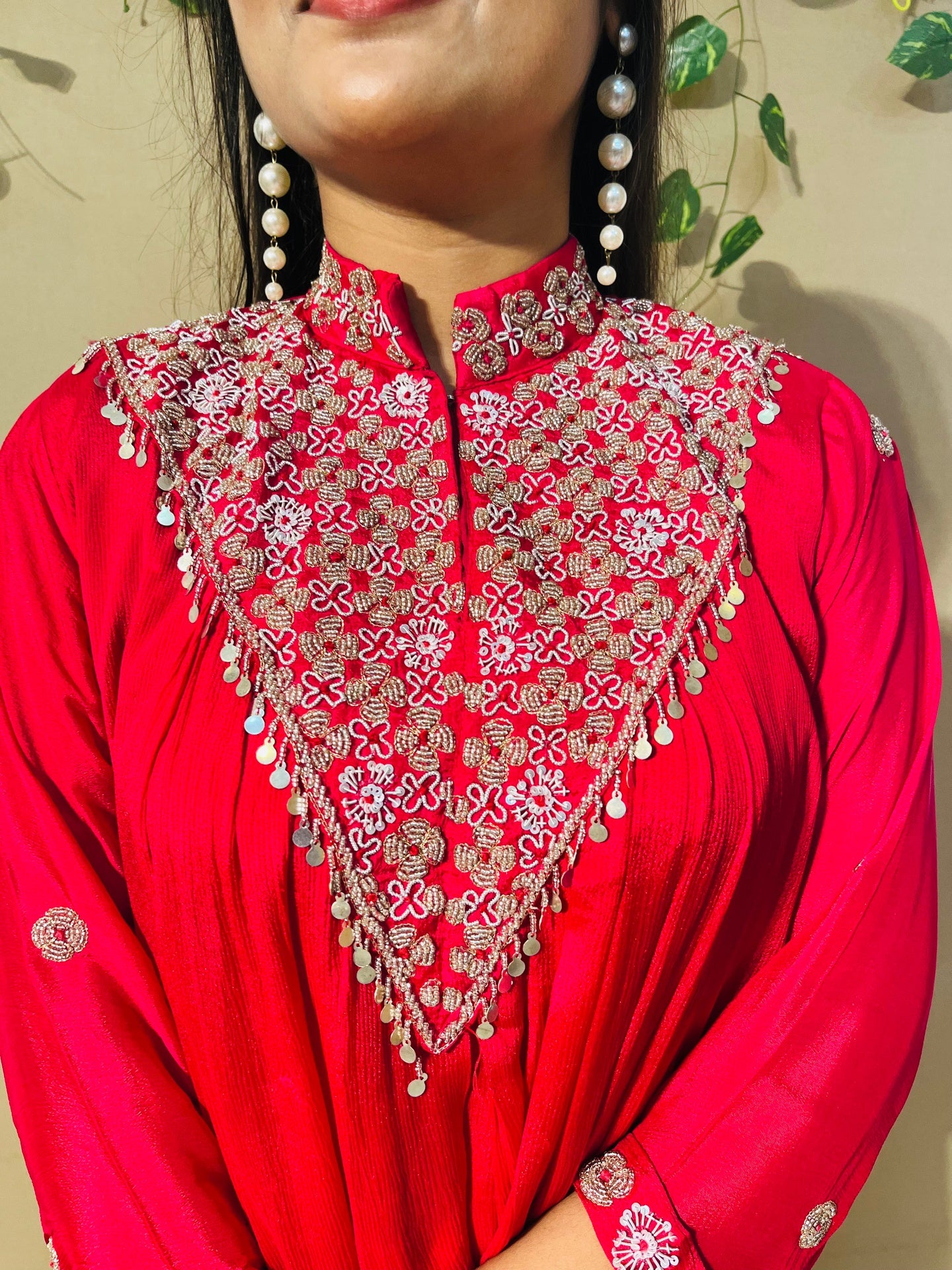 Royal Ruby Pearl-bread Sharara Set