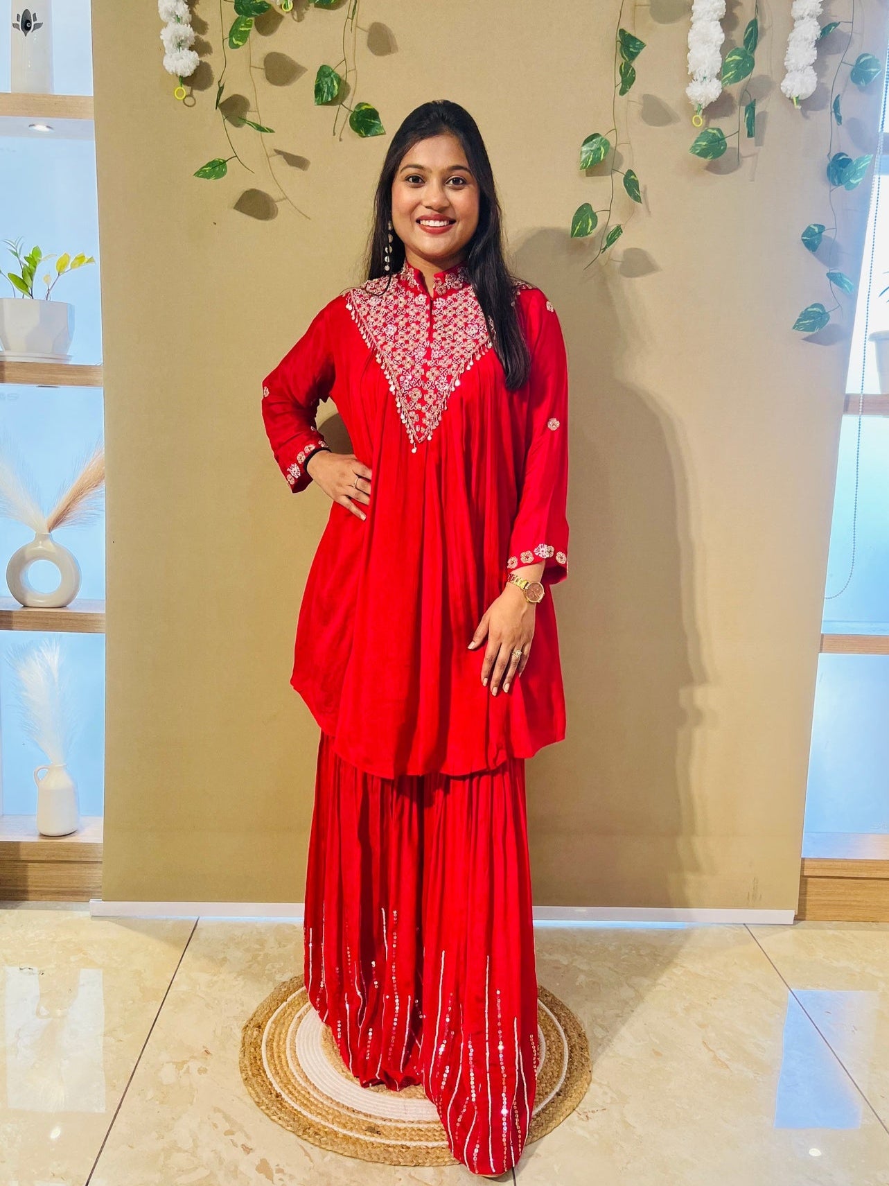 Royal Ruby Pearl-bread Sharara Set