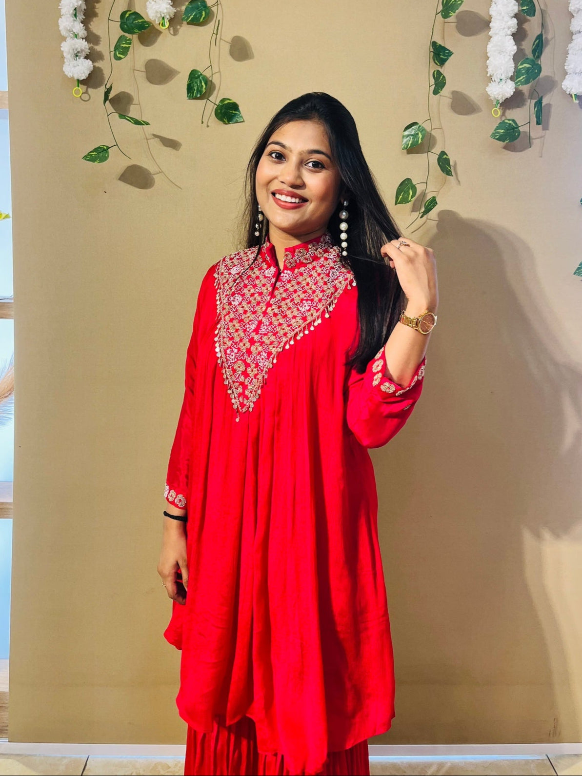 Royal Ruby Pearl-bread Sharara Set