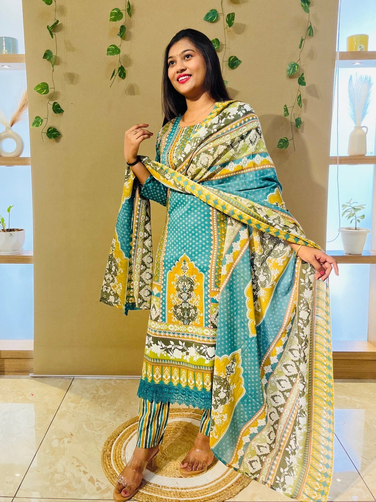 Rama Blue Pakistani Printed Suit Set with Dupatta