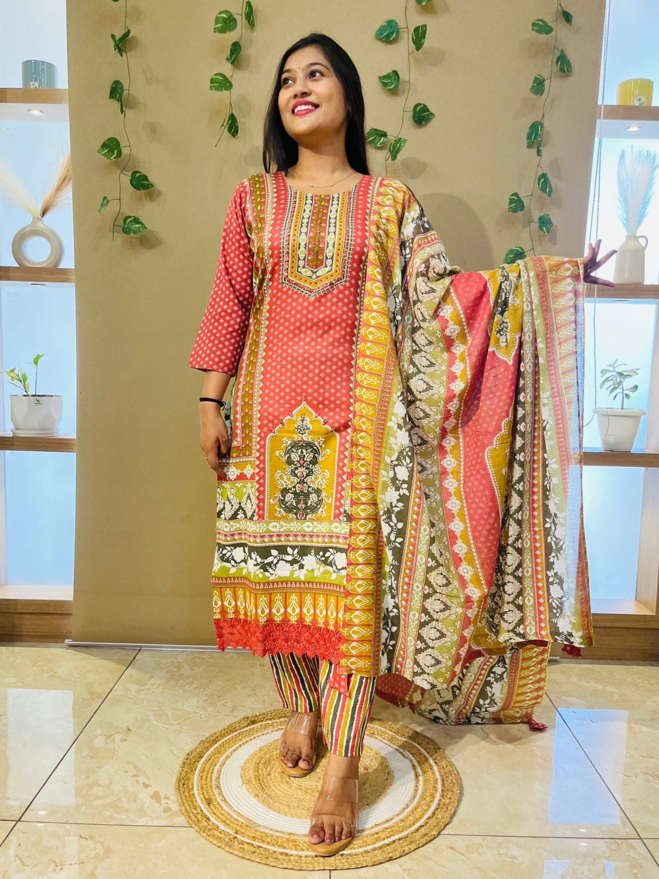 Red Pakistani Print Suit Set with Lace Detailing & Dupatta