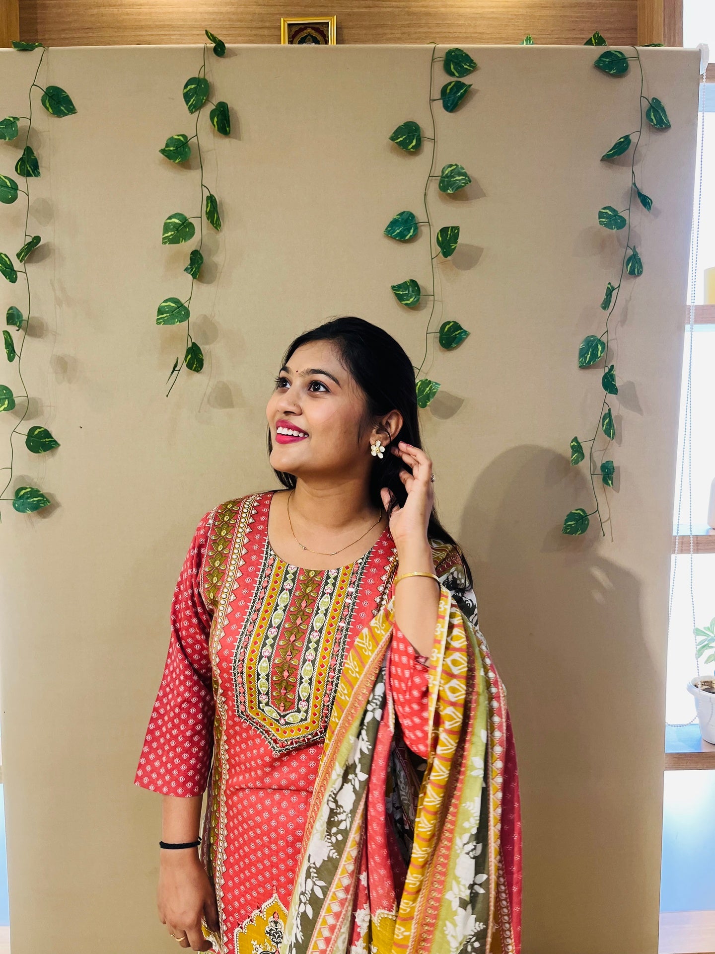 Red Pakistani Print Suit Set with Lace Detailing & Dupatta