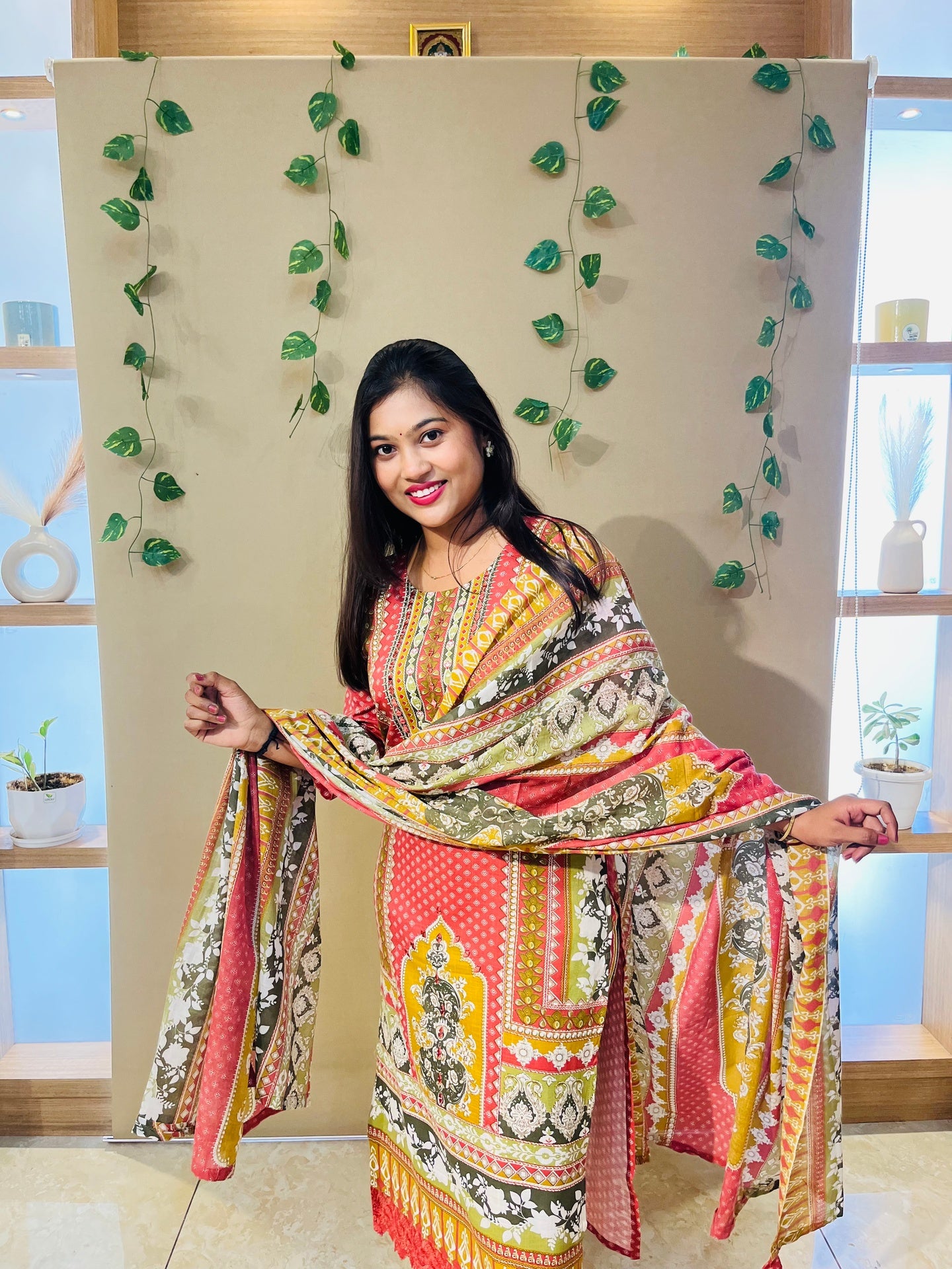 Red Pakistani Print Suit Set with Lace Detailing & Dupatta