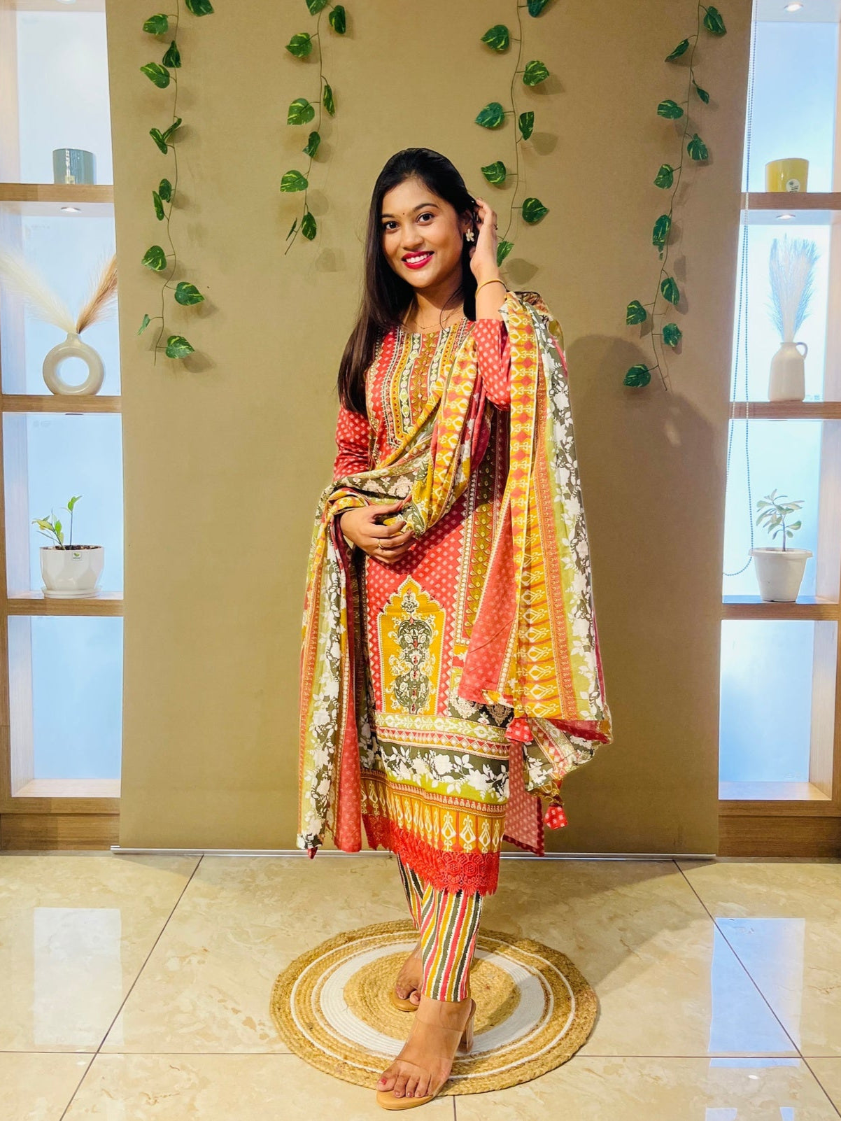 Red Pakistani Print Suit Set with Lace Detailing & Dupatta