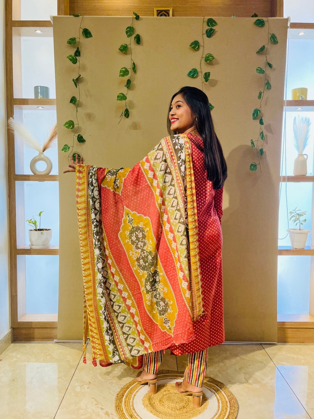 Red Pakistani Print Suit Set with Lace Detailing & Dupatta