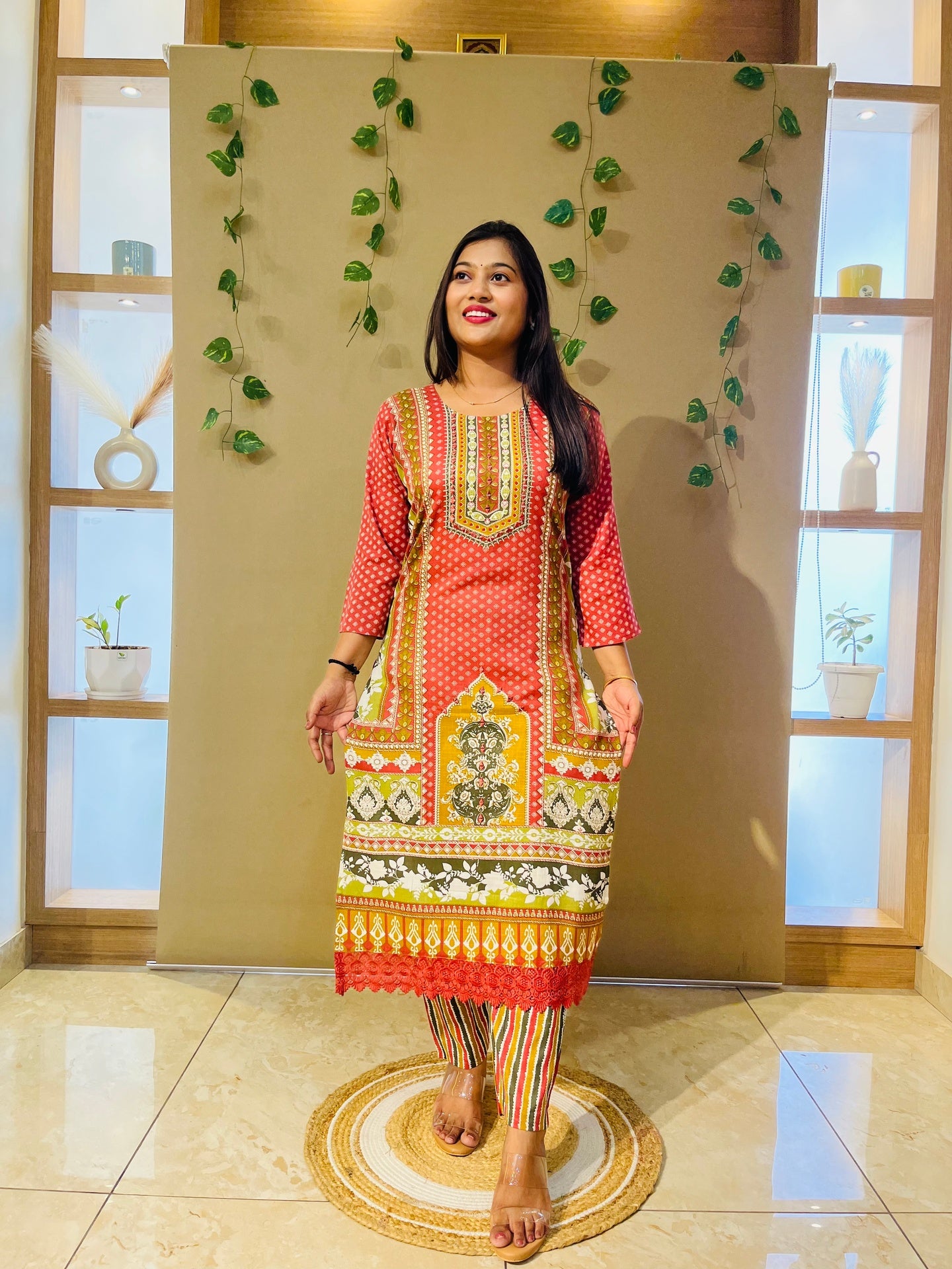 Red Pakistani Print Suit Set with Lace Detailing & Dupatta
