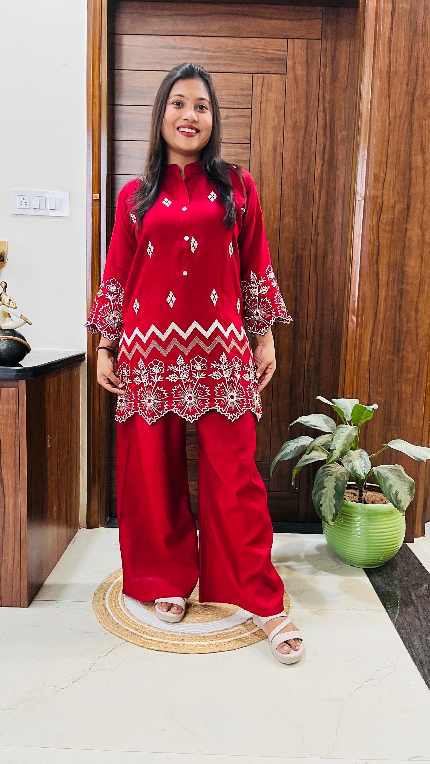 Crimson Charm Embroidered Co-ord Set
