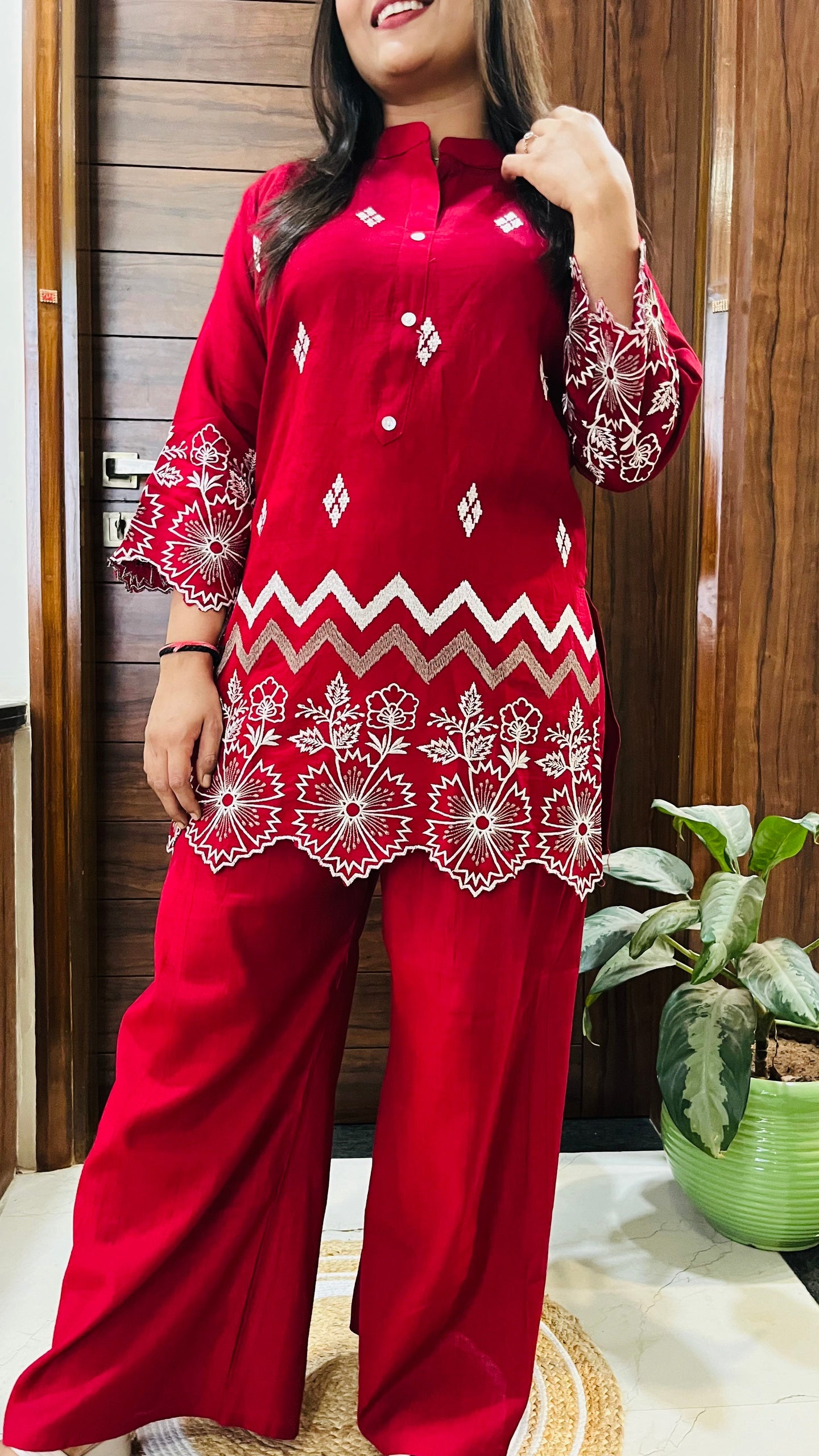 Crimson Charm Embroidered Co-ord Set