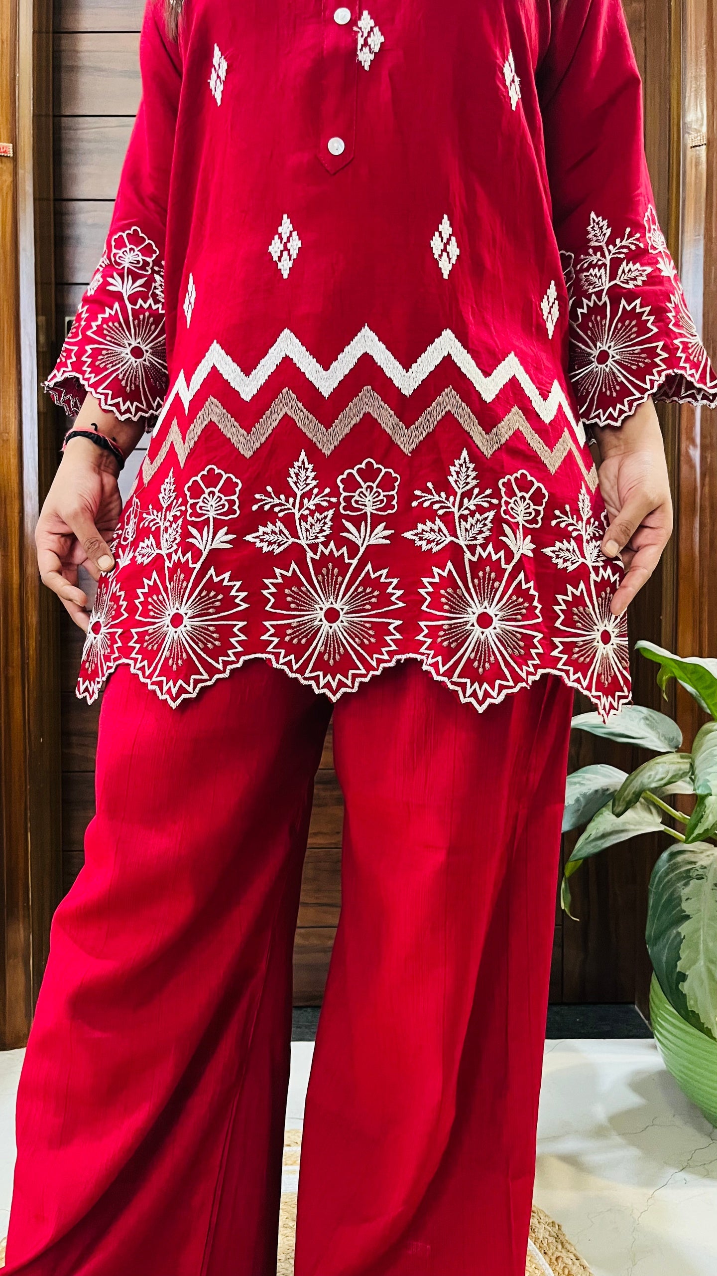 Crimson Charm Embroidered Co-ord Set