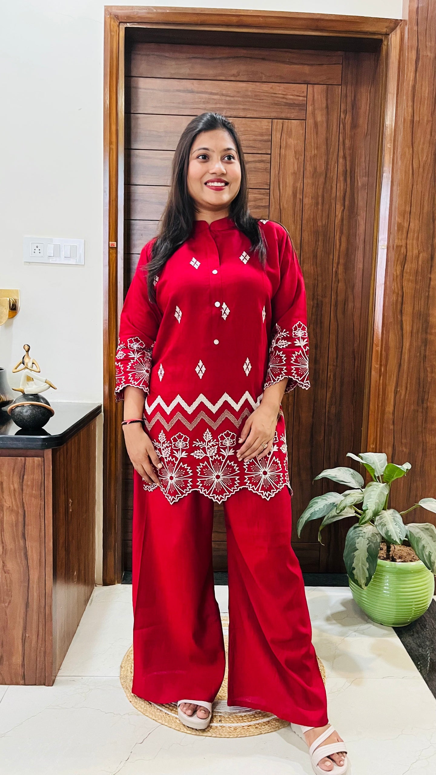 Crimson Charm Embroidered Co-ord Set