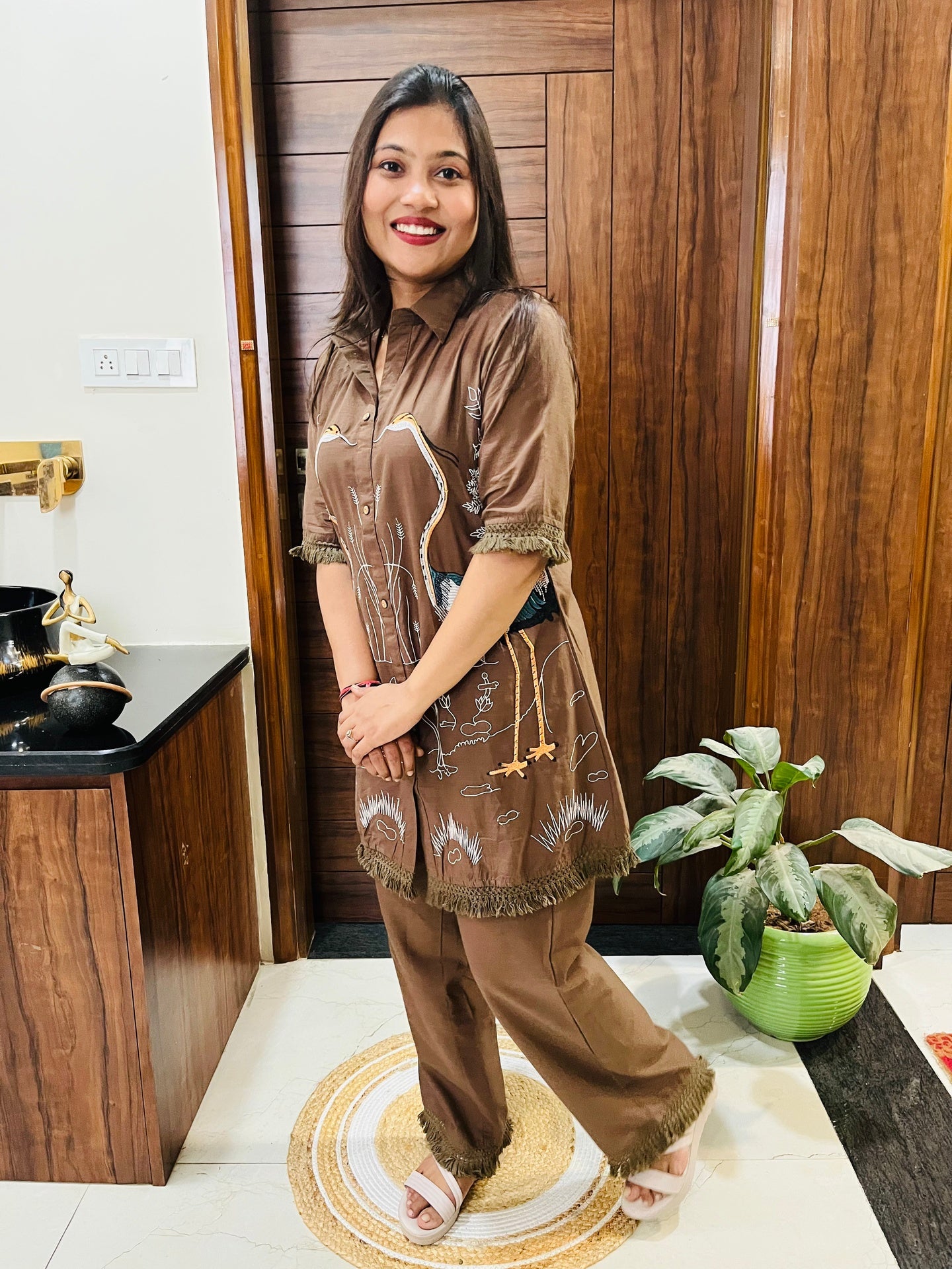 Cocoa Brown Luxe Embroidered Co-ord Set