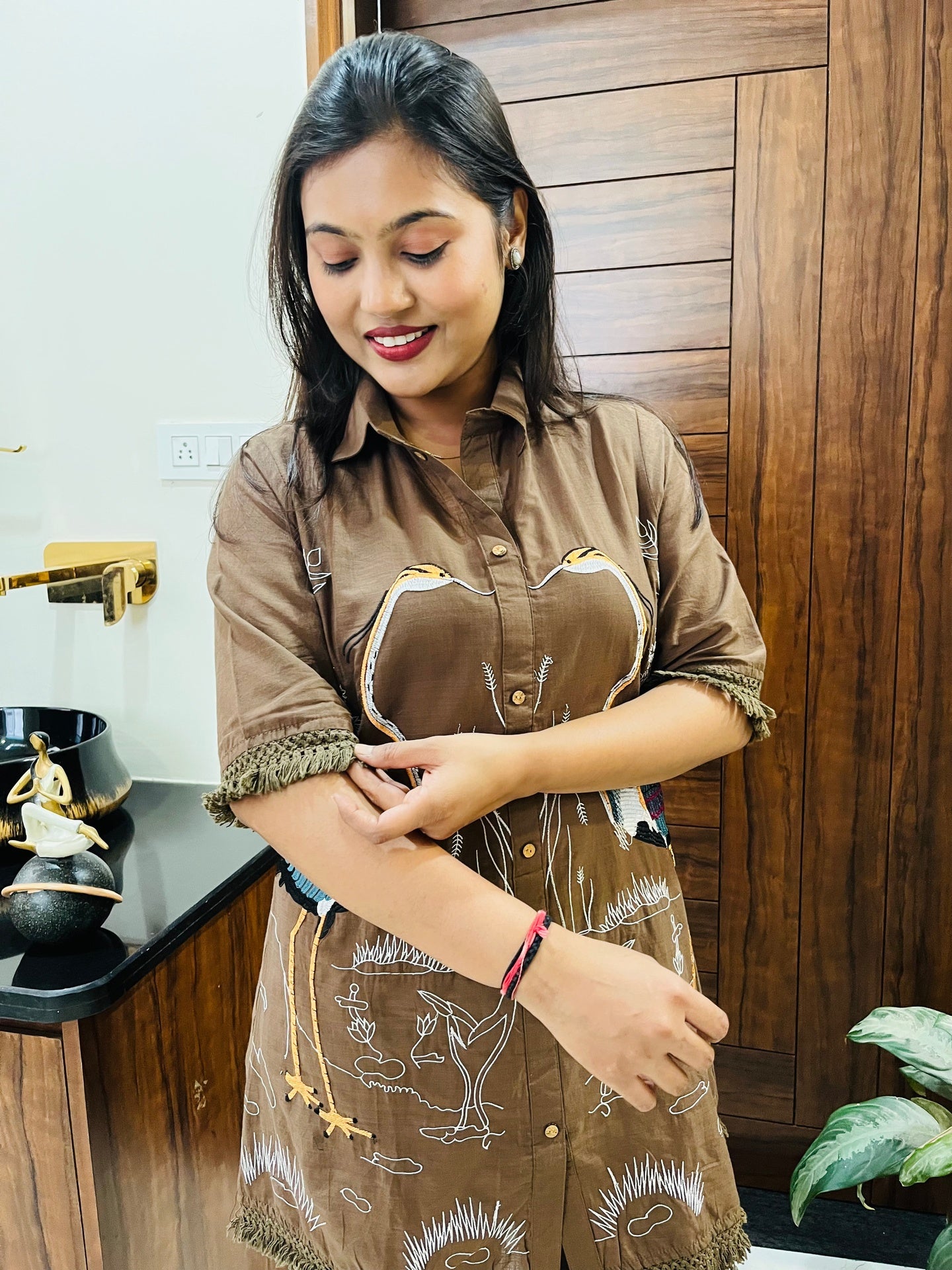 Cocoa Brown Luxe Embroidered Co-ord Set