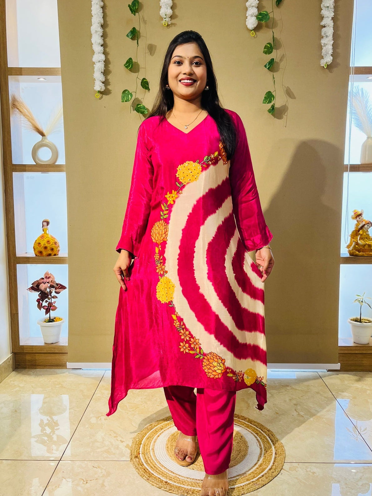 Rani Pink Spiral Crepe Designer Tie-Dye Kurta Set