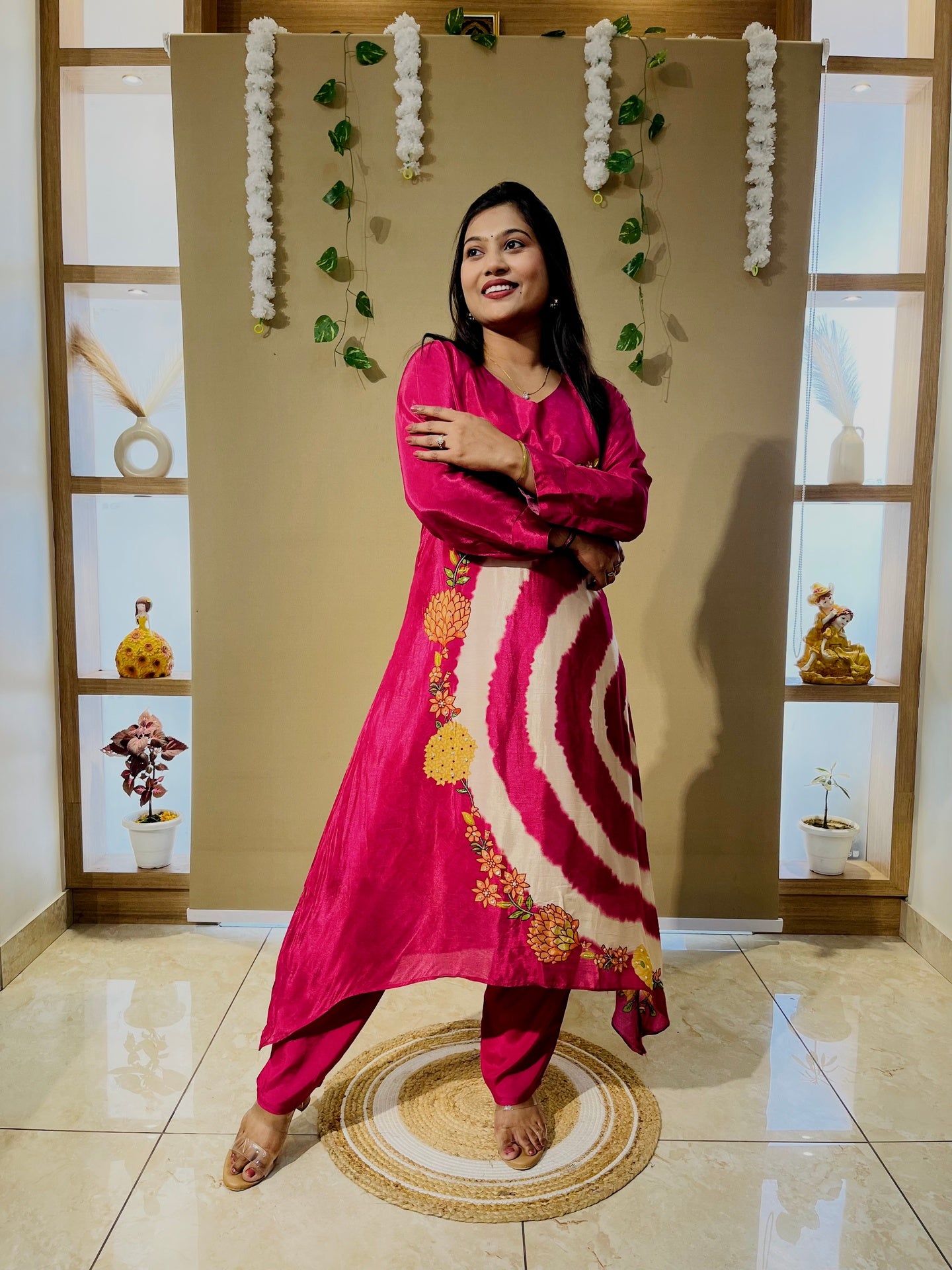 Rani Pink Spiral Crepe Designer Tie-Dye Kurta Set