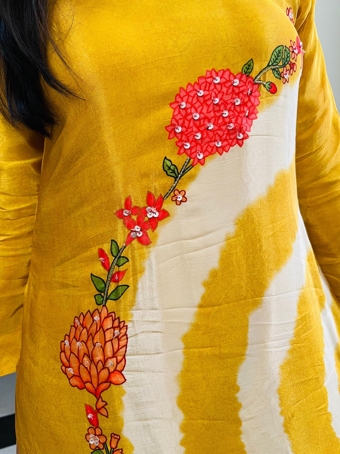 Marigold Aura Crepe Designer Tie-Dye Kurta Set