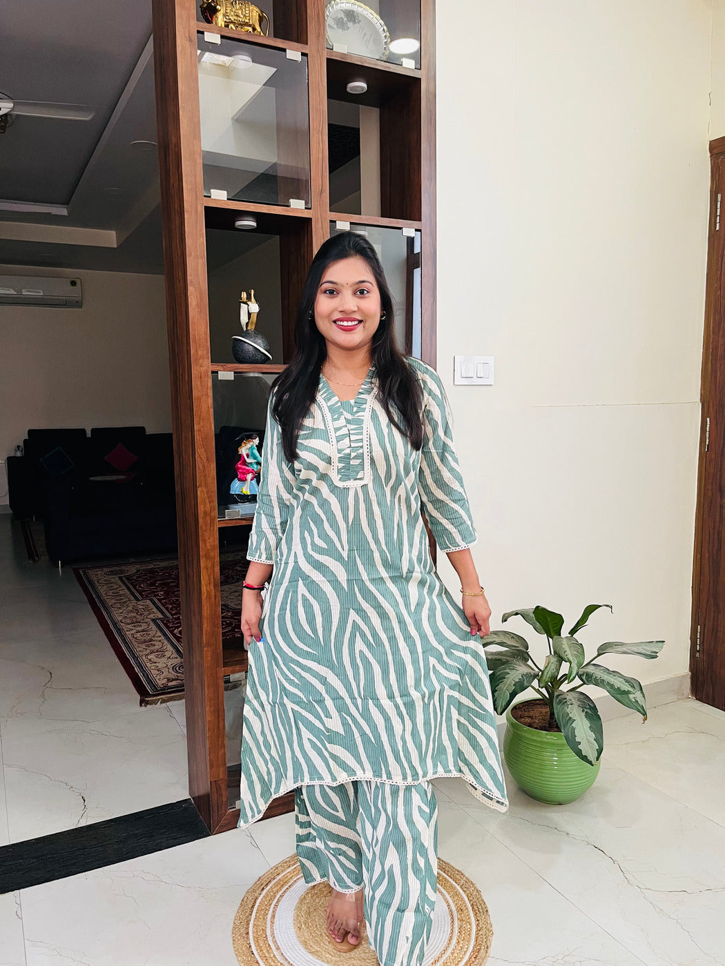 Sage Green Mul Cotton Zebra Printed Co-ord Set
