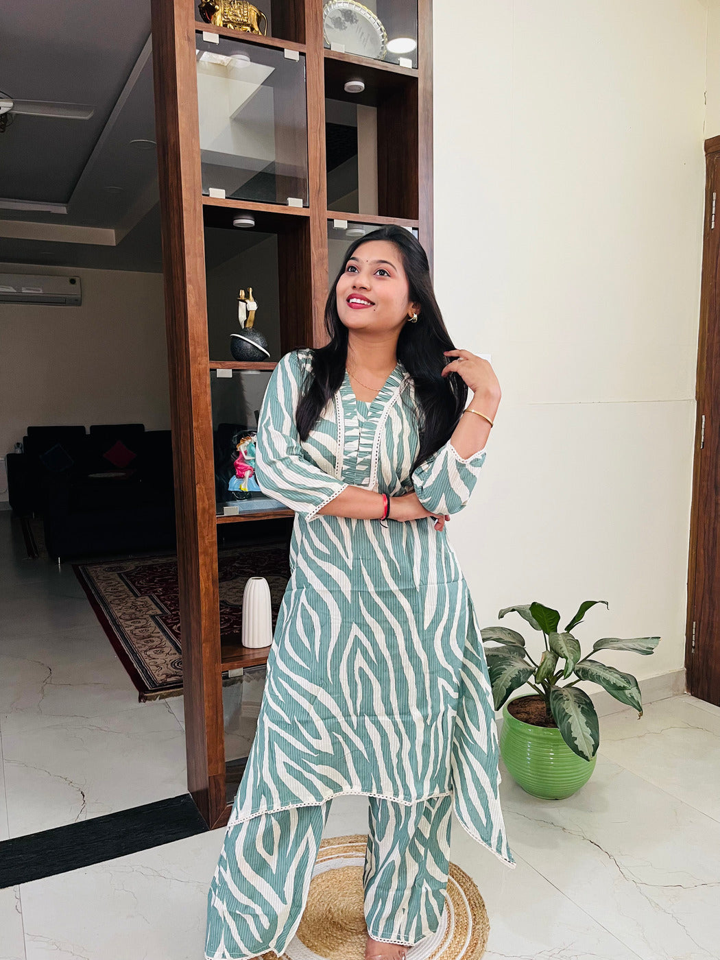 Sage Green Mul Cotton Zebra Printed Co-ord Set