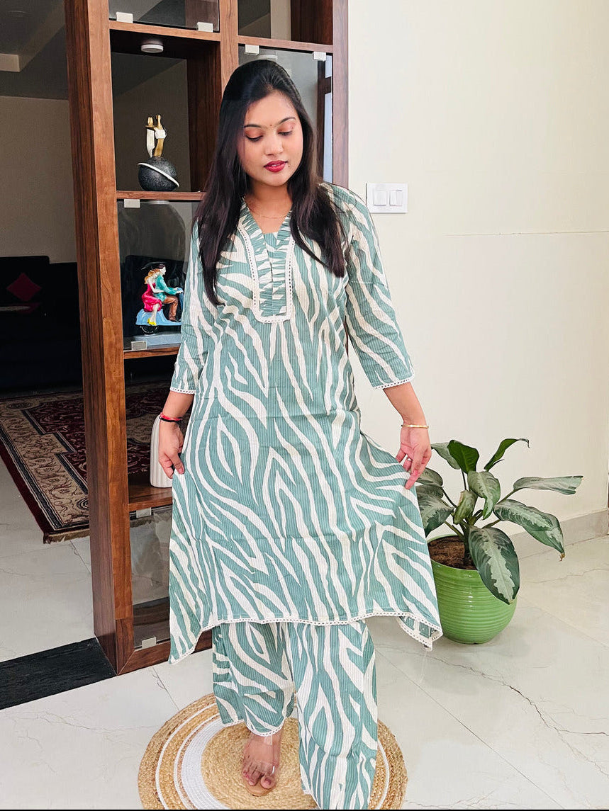 Sage Green Mul Cotton Zebra Printed Co-ord Set