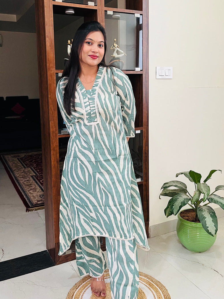 Sage Green Mul Cotton Zebra Printed Co-ord Set