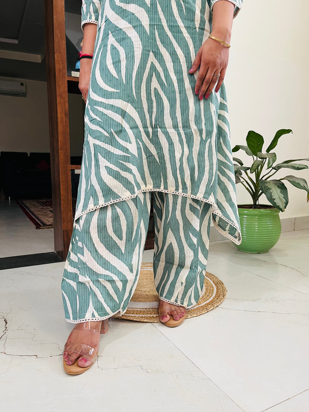 Sage Green Mul Cotton Zebra Printed Co-ord Set