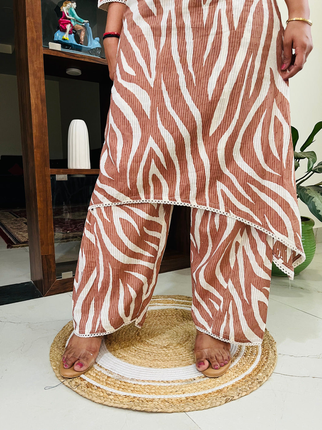Mocha Brown Mul Cotton Zebra Printed Co-ord Set