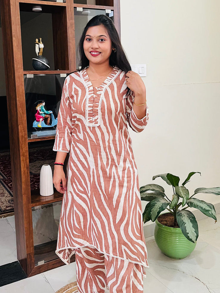 Mocha Brown Mul Cotton Zebra Printed Co-ord Set