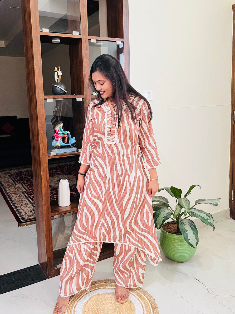 Mocha Brown Mul Cotton Zebra Printed Co-ord Set
