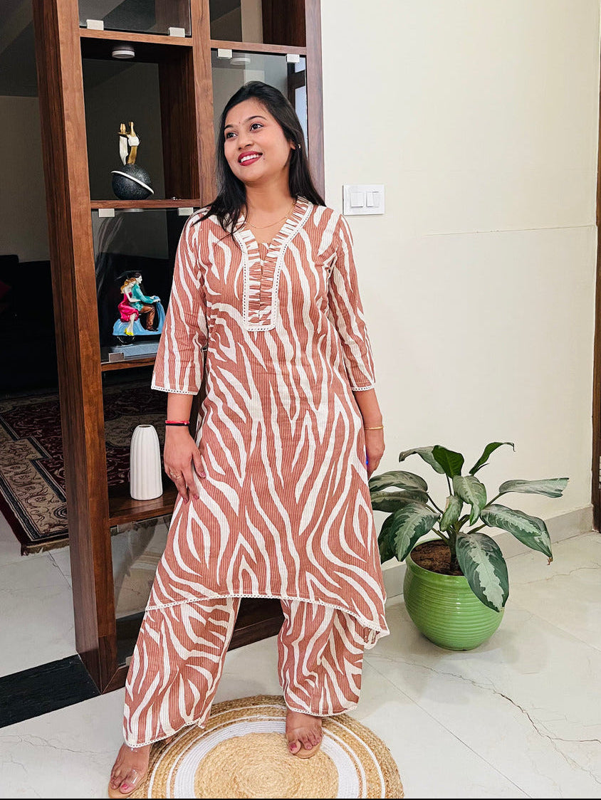 Mocha Brown Mul Cotton Zebra Printed Co-ord Set