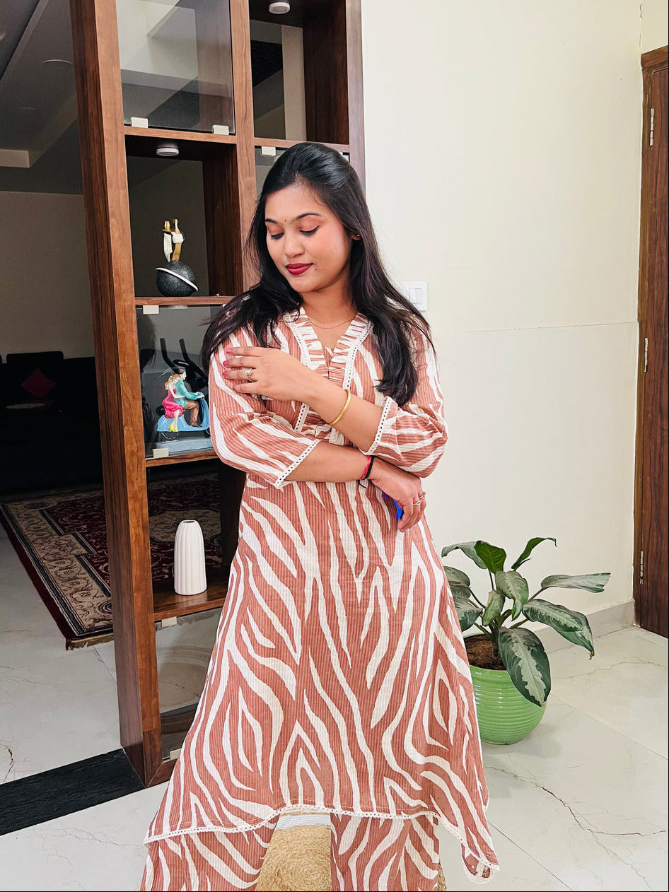 Mocha Brown Mul Cotton Zebra Printed Co-ord Set
