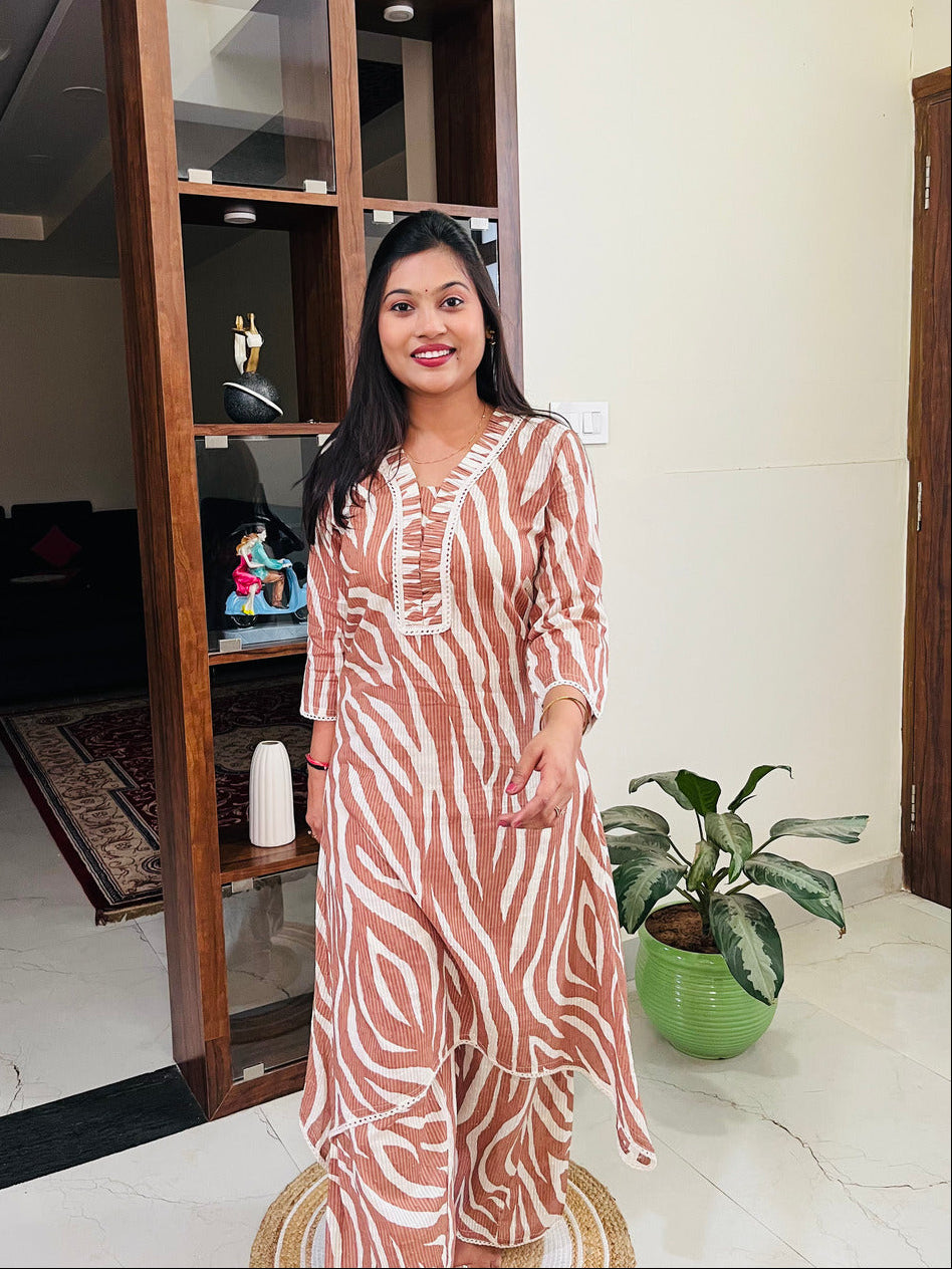 Mocha Brown Mul Cotton Zebra Printed Co-ord Set