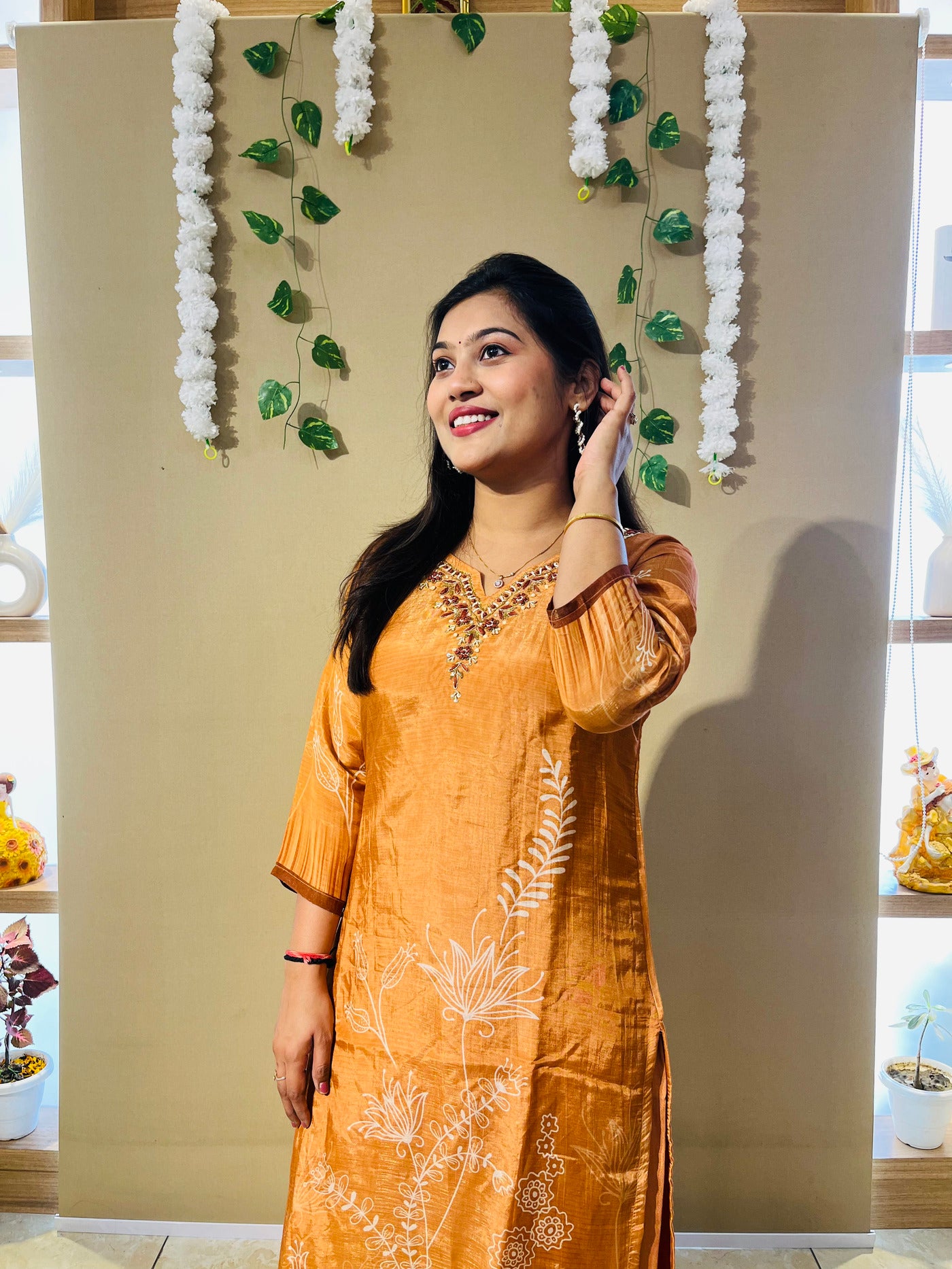 Rust Orange Crepe Embroidered Suit Set