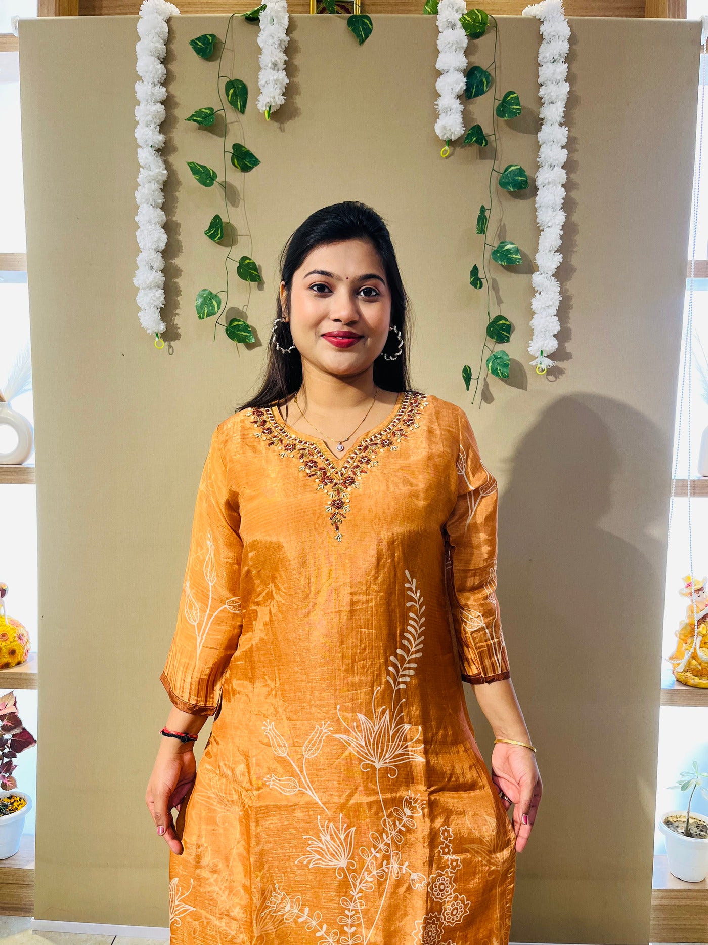 Rust Orange Crepe Embroidered Suit Set