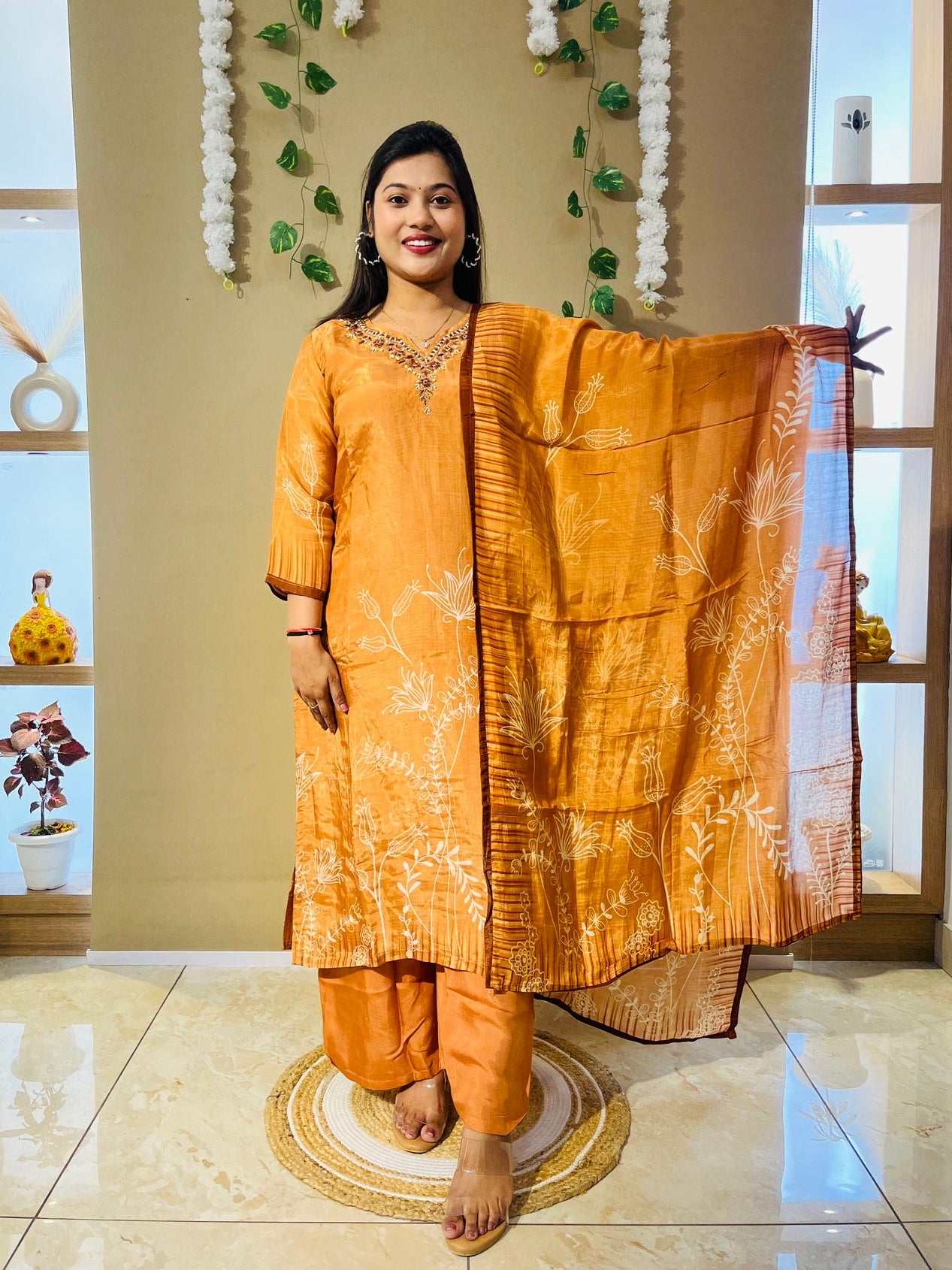 Rust Orange Crepe Embroidered Suit Set
