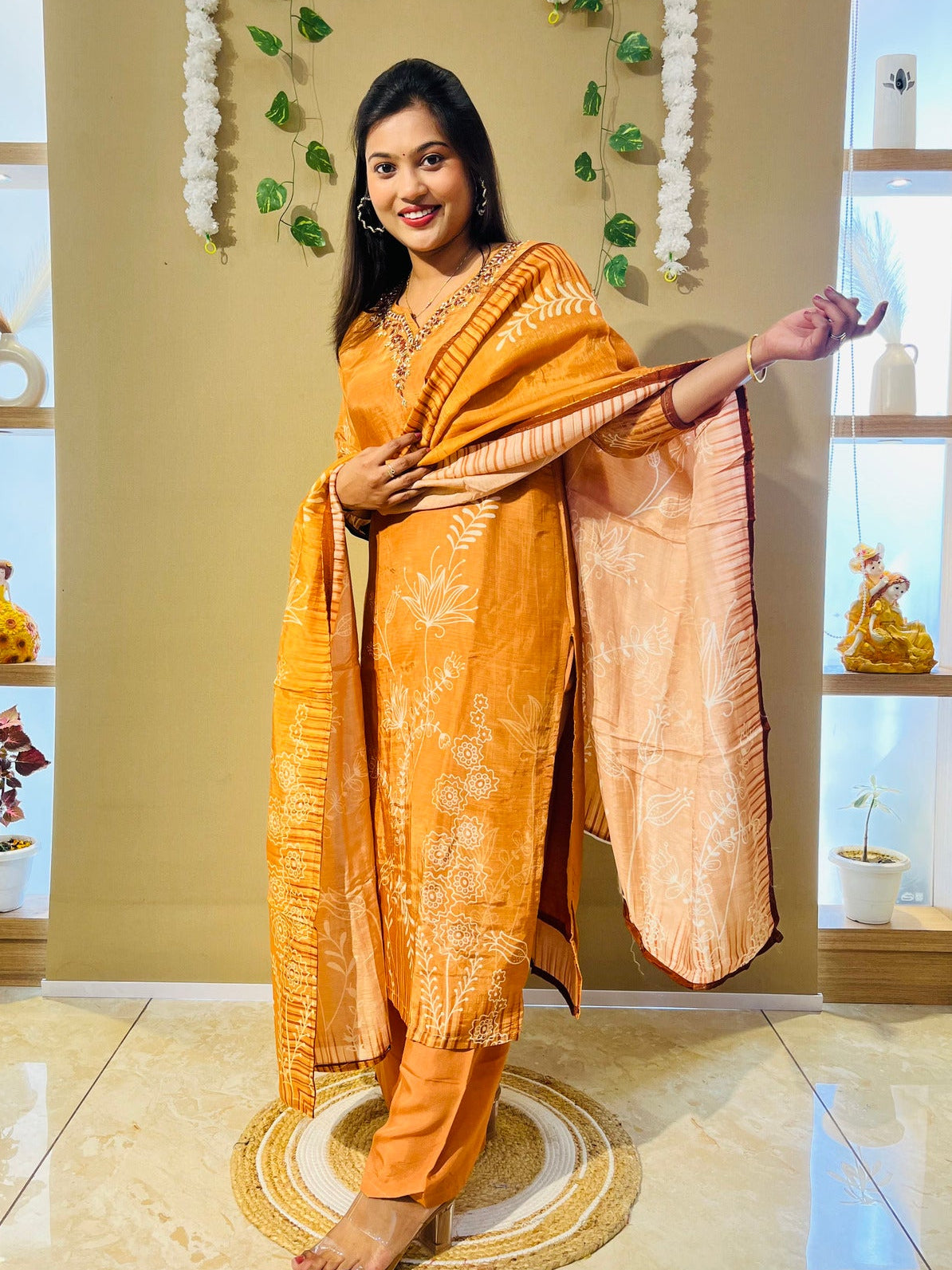 Rust Orange Crepe Embroidered Suit Set