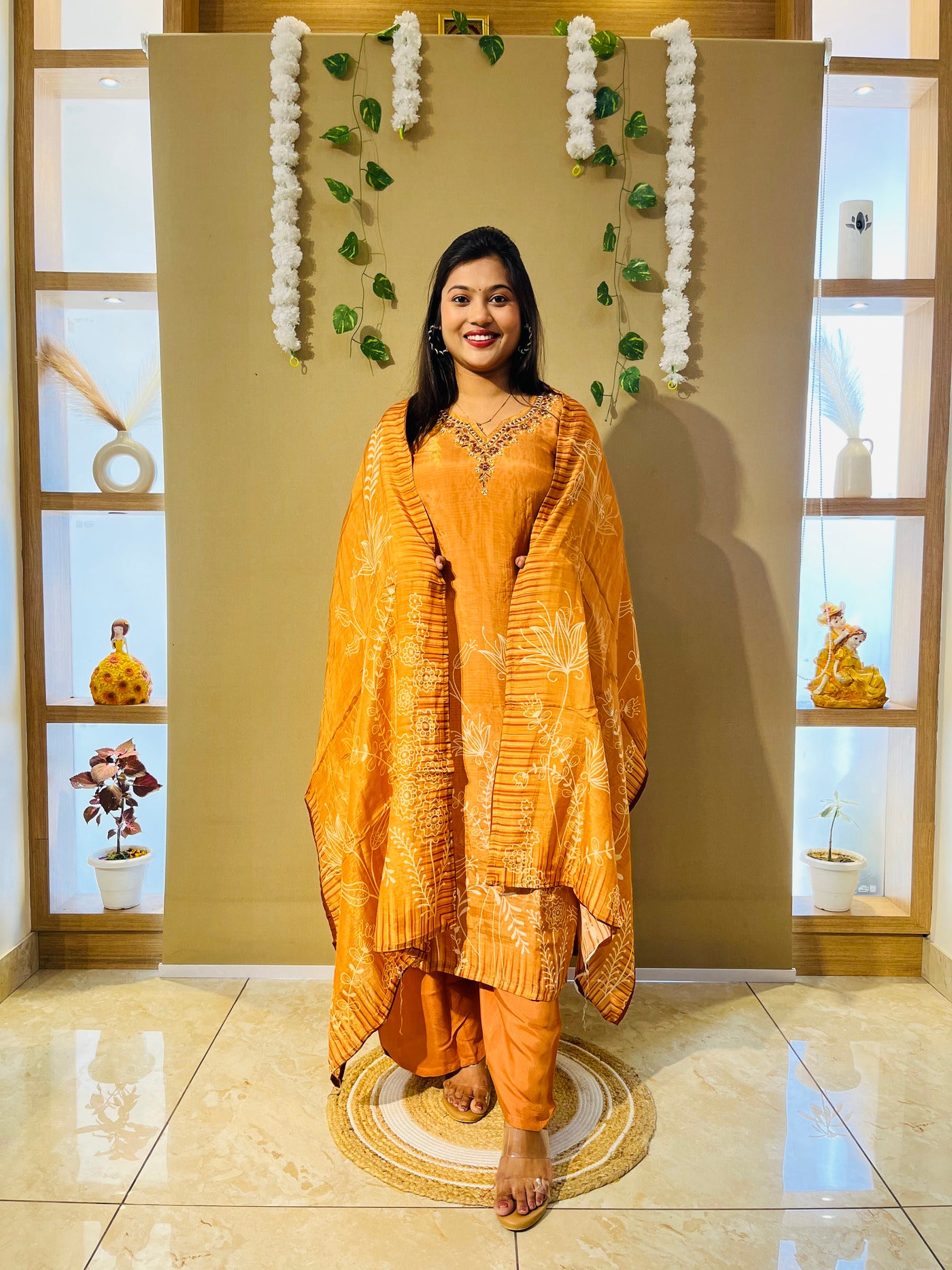 Rust Orange Crepe Embroidered Suit Set