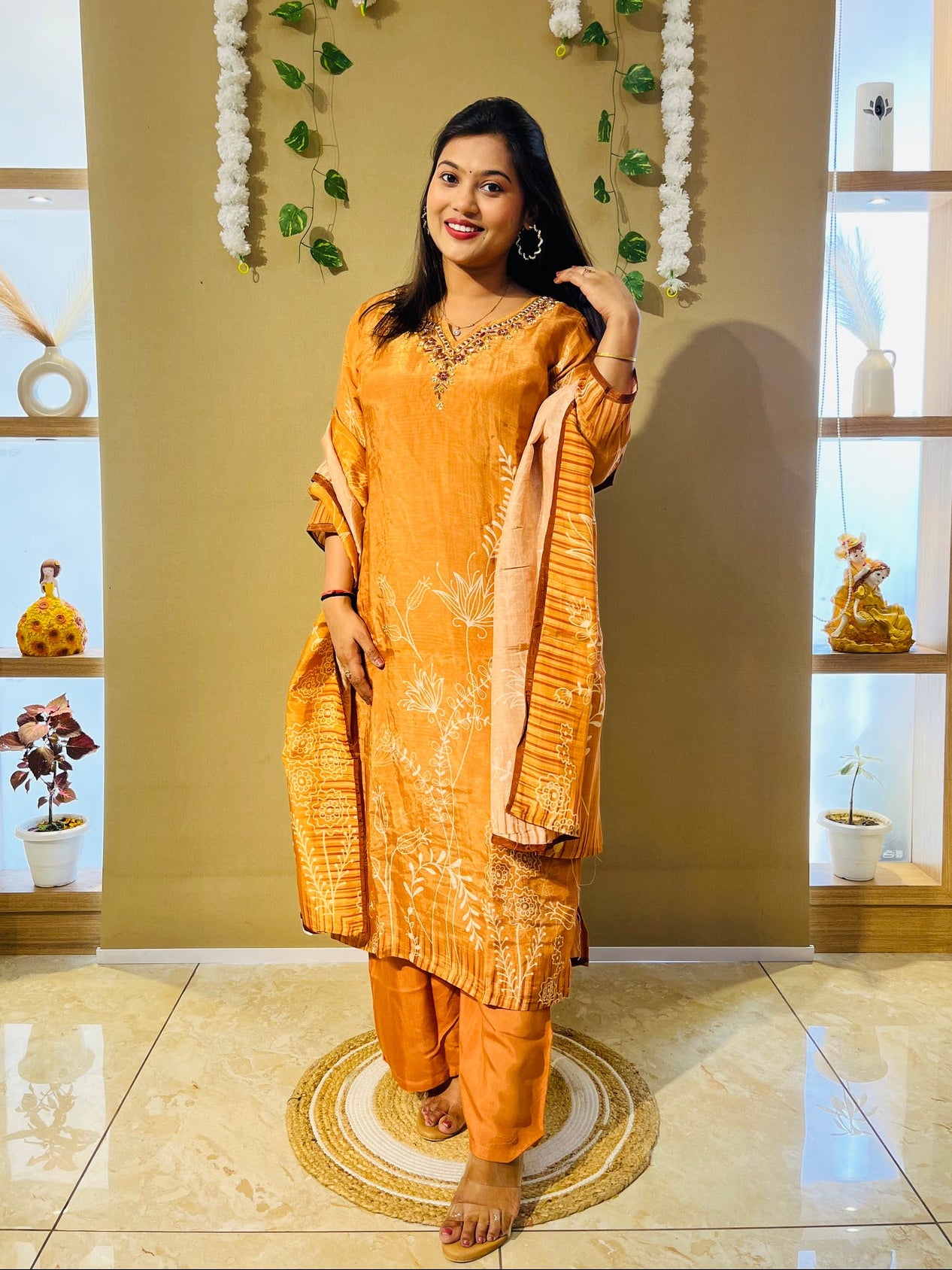 Rust Orange Crepe Embroidered Suit Set