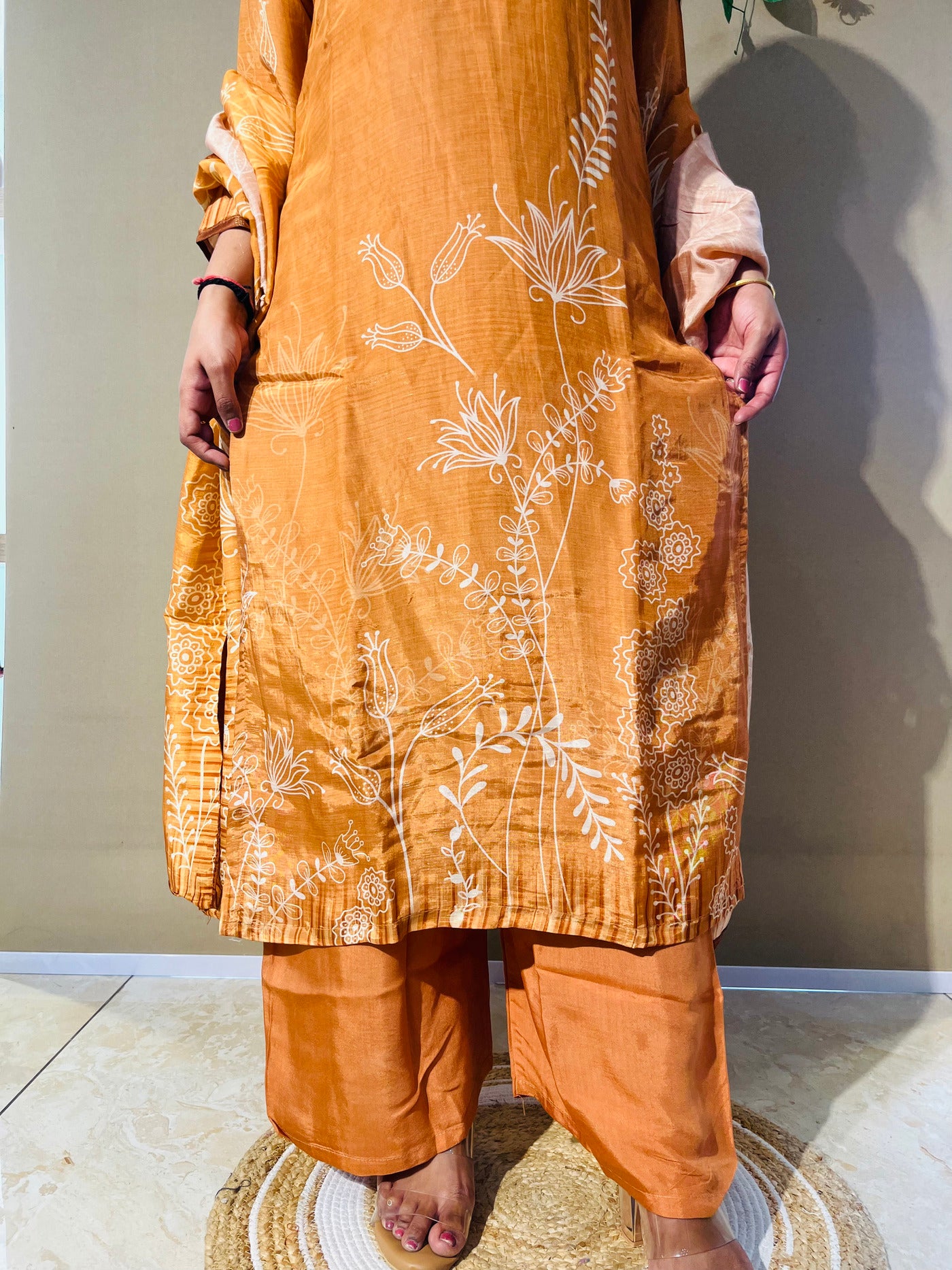 Rust Orange Crepe Embroidered Suit Set