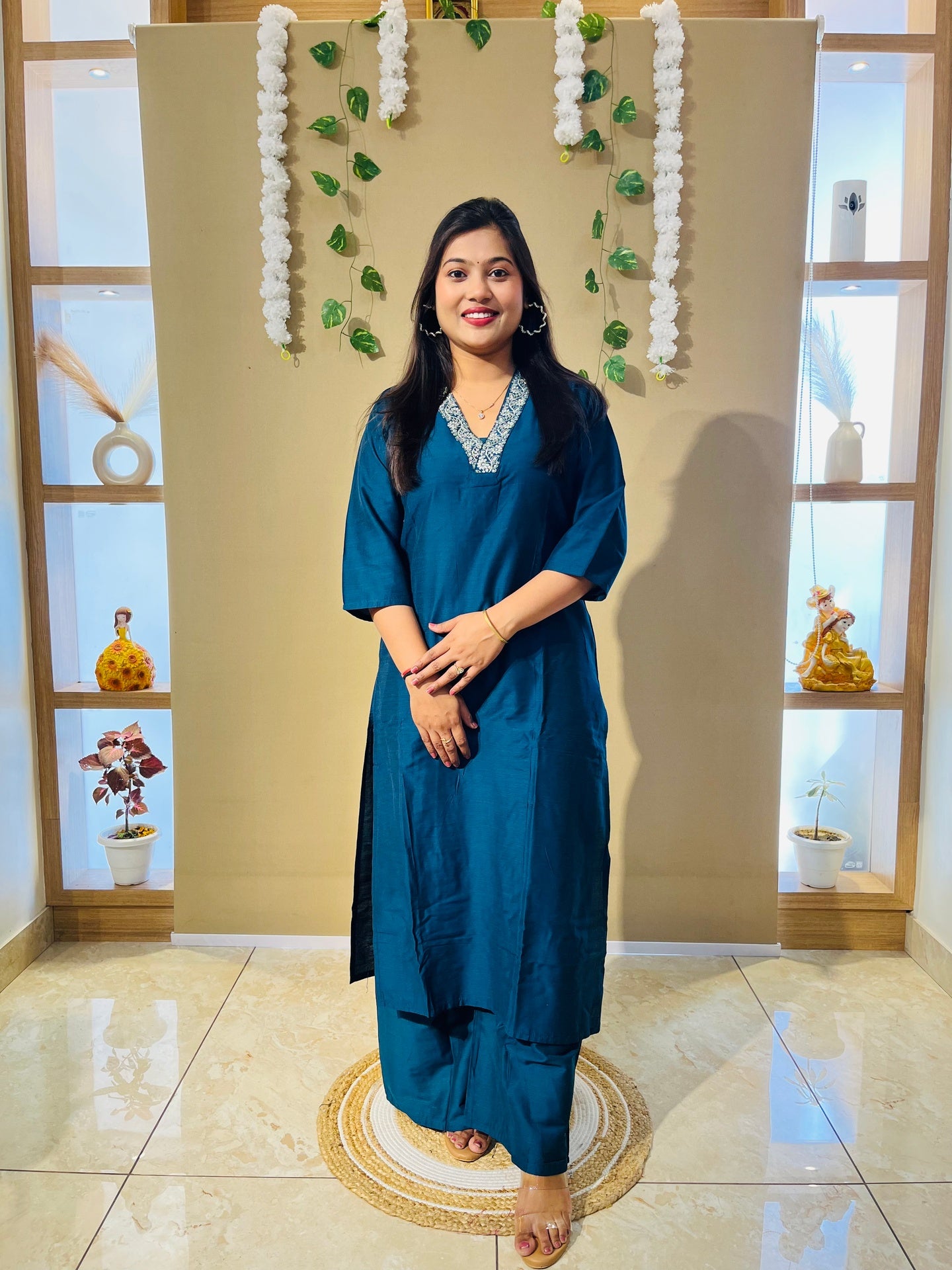 Classic Teal Blue Embroidered Kurta Set with Ivory Printed Dupatta