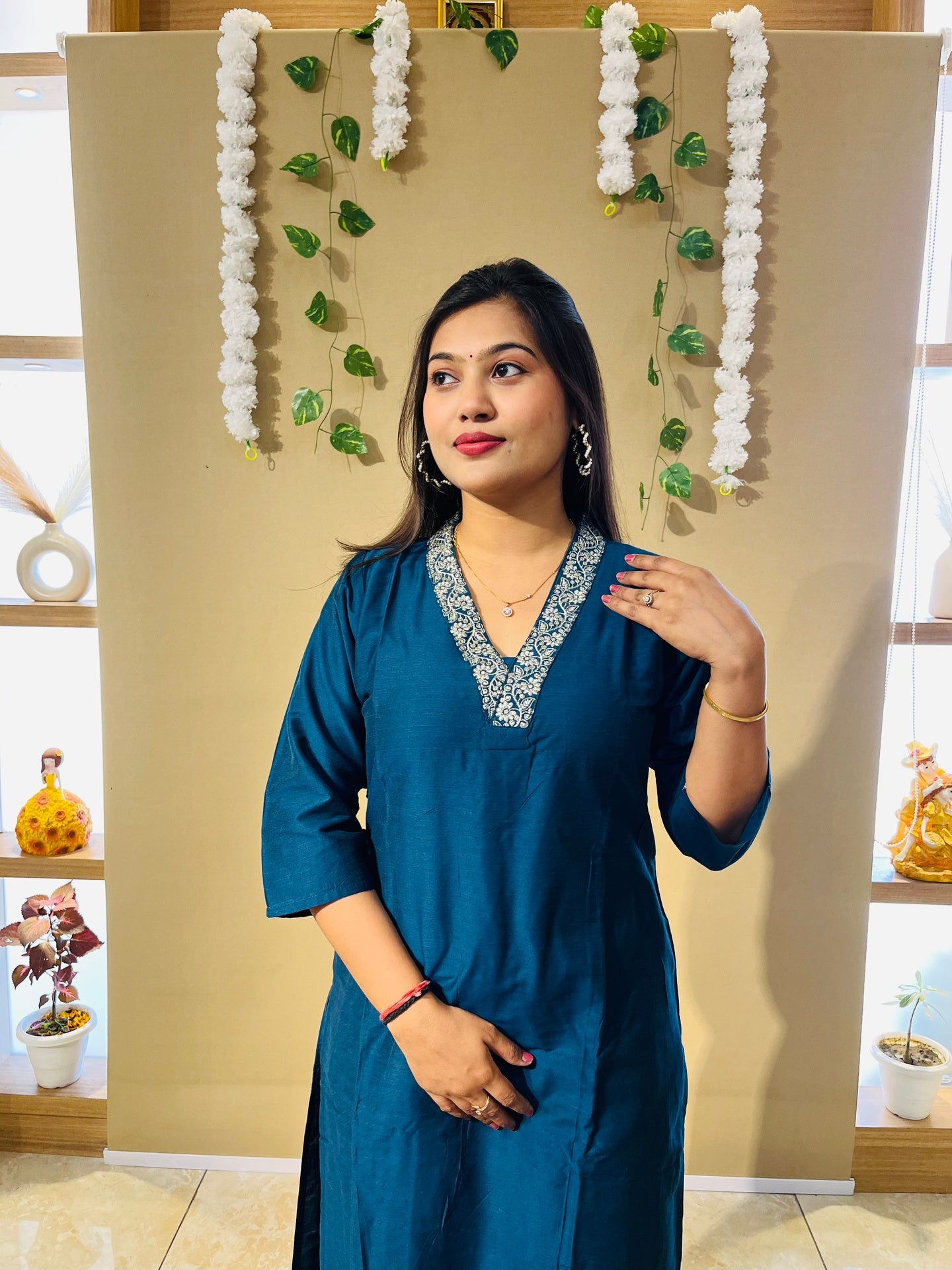 Classic Teal Blue Embroidered Kurta Set with Ivory Printed Dupatta