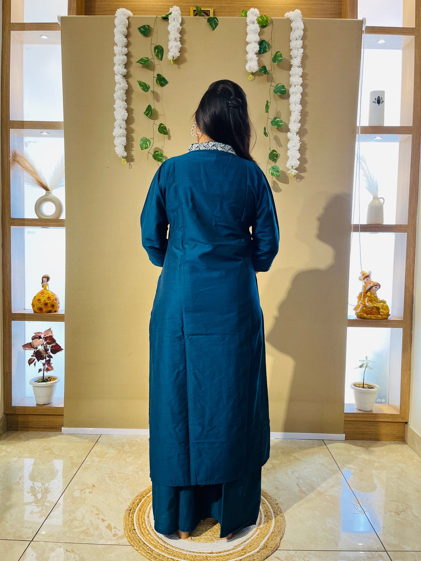 Classic Teal Blue Embroidered Kurta Set with Ivory Printed Dupatta