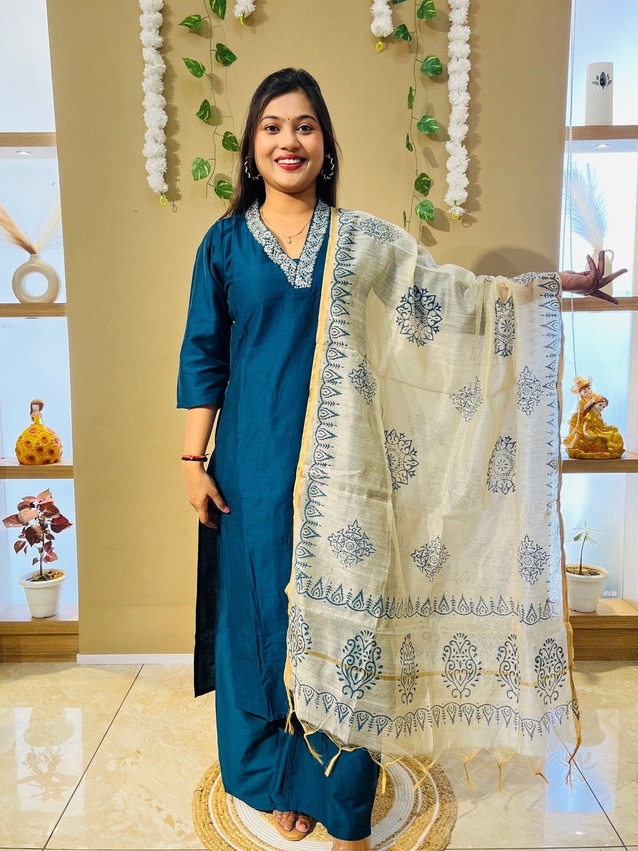 Classic Teal Blue Embroidered Kurta Set with Ivory Printed Dupatta