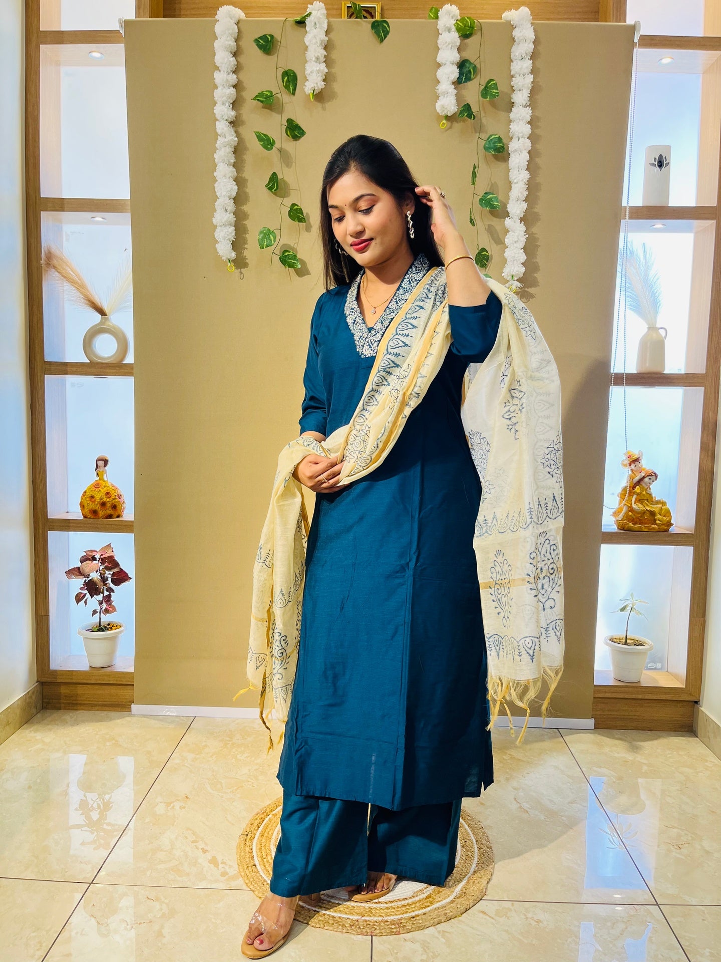 Classic Teal Blue Embroidered Kurta Set with Ivory Printed Dupatta