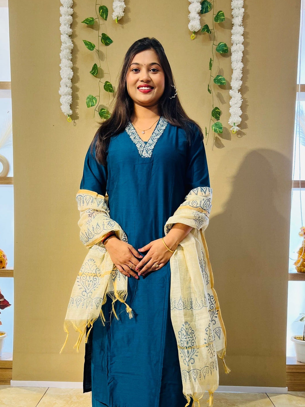Classic Teal Blue Embroidered Kurta Set with Ivory Printed Dupatta