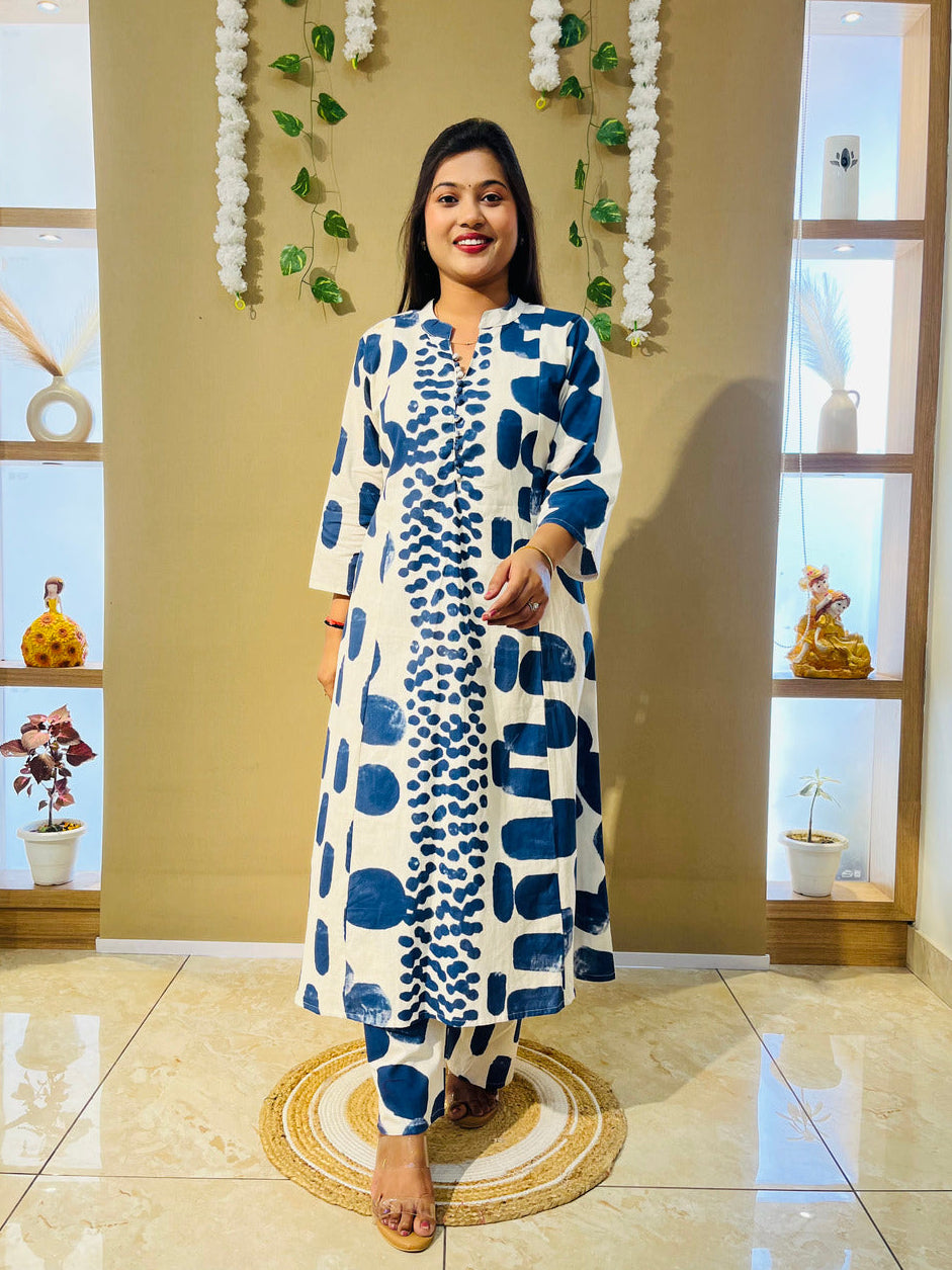 Blue Ink Printed Flex Cotton Kurta Set