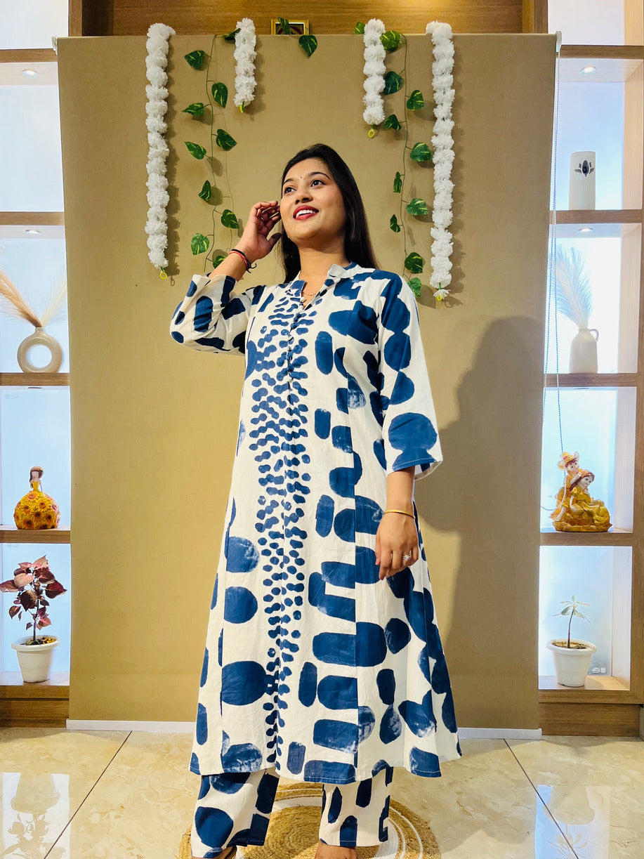 Blue Ink Printed Flex Cotton Kurta Set