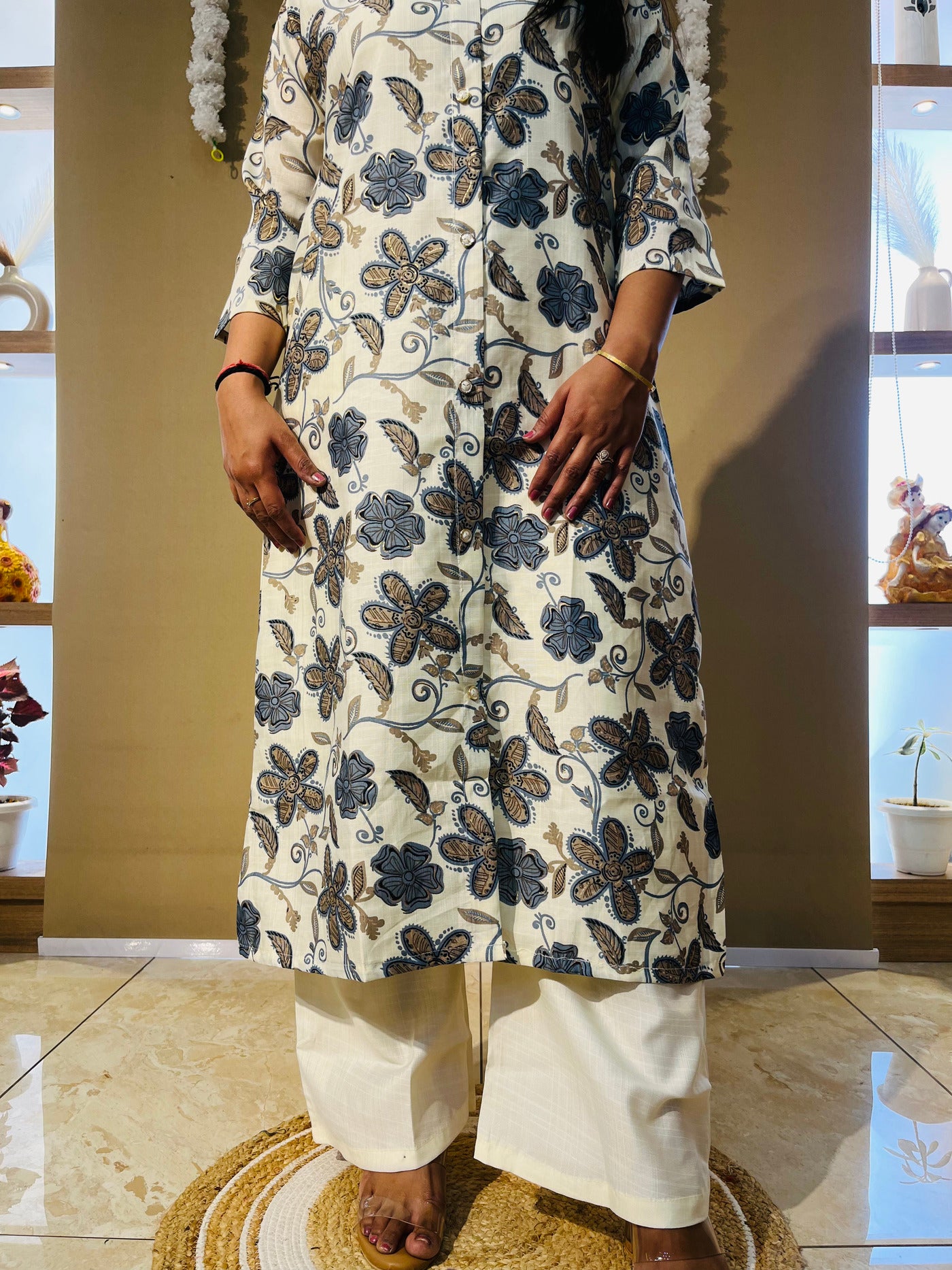 Ivory Floral Printed Collar Kurta Set